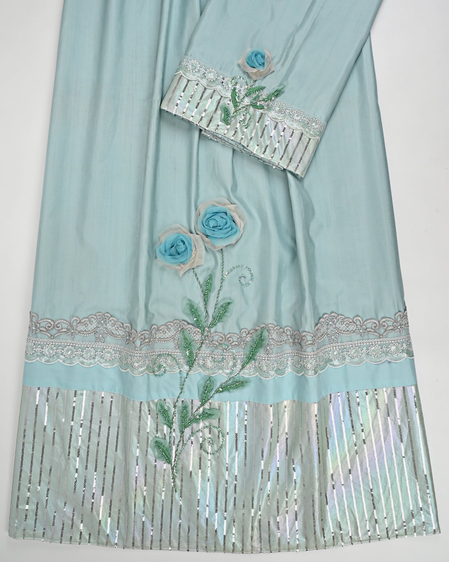 Light Blue Silky Rida With Sequence Panel Lace & Tissue Flower Work