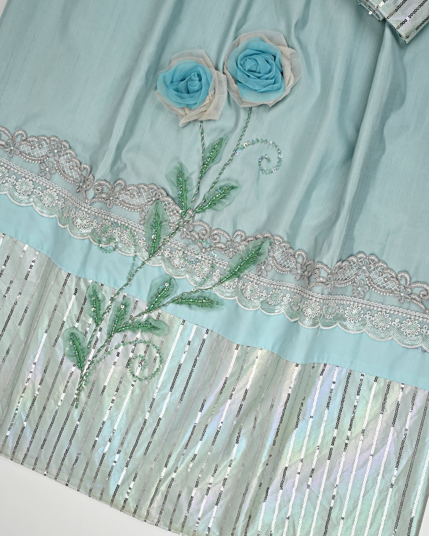Light Blue Silky Rida With Sequence Panel Lace & Tissue Flower Work
