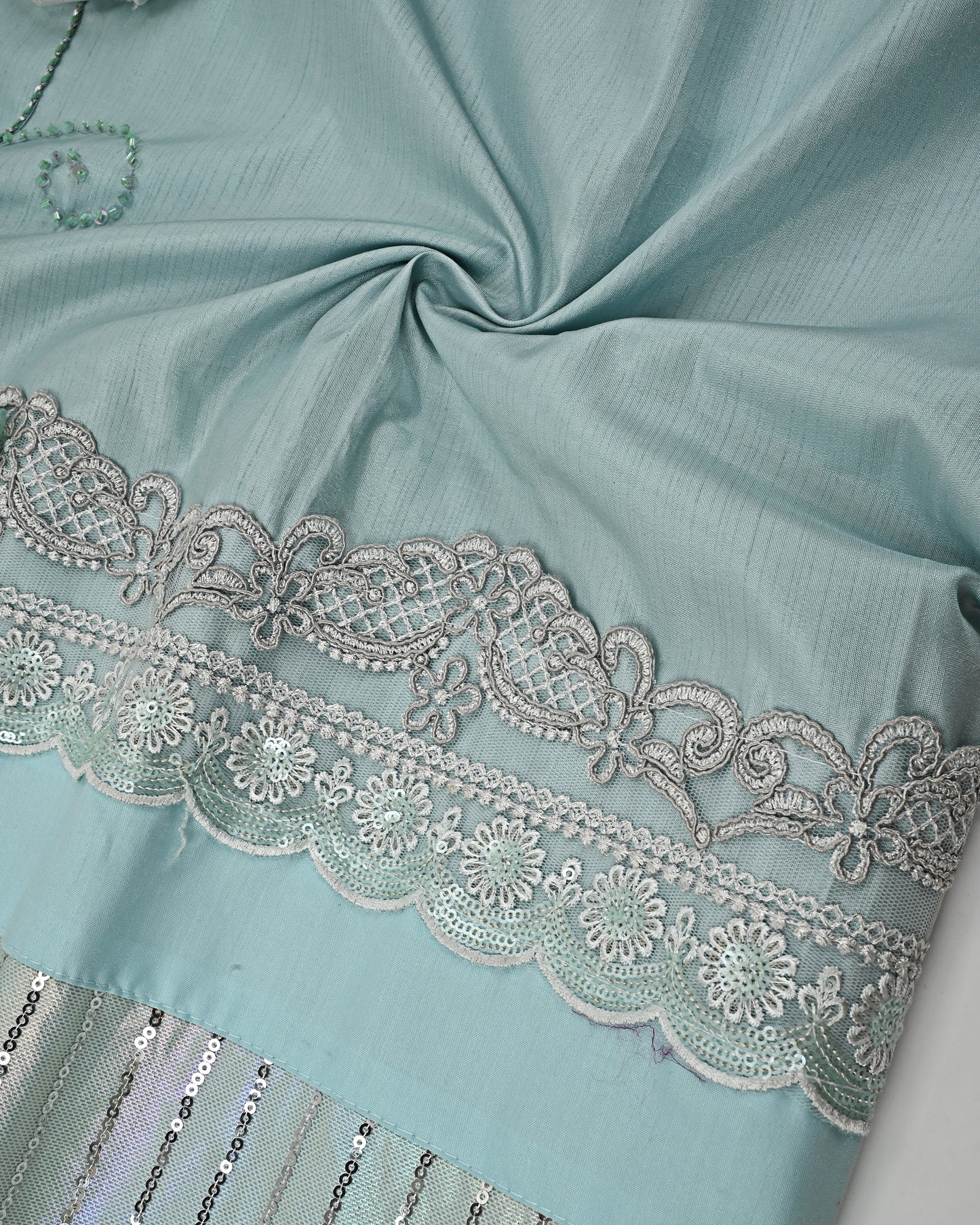 Light Blue Silky Rida With Sequence Panel Lace & Tissue Flower Work