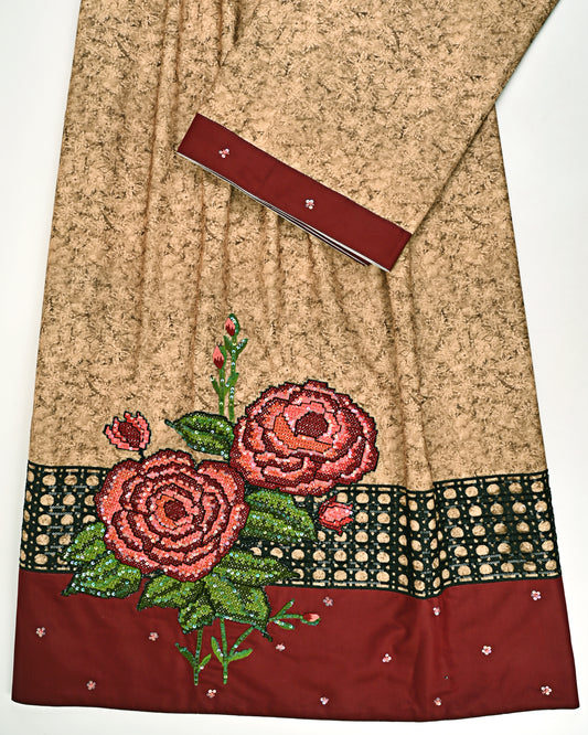 Mustard Yellow Self Print Rida With Dark Panel & Floral Crosschet Bunch