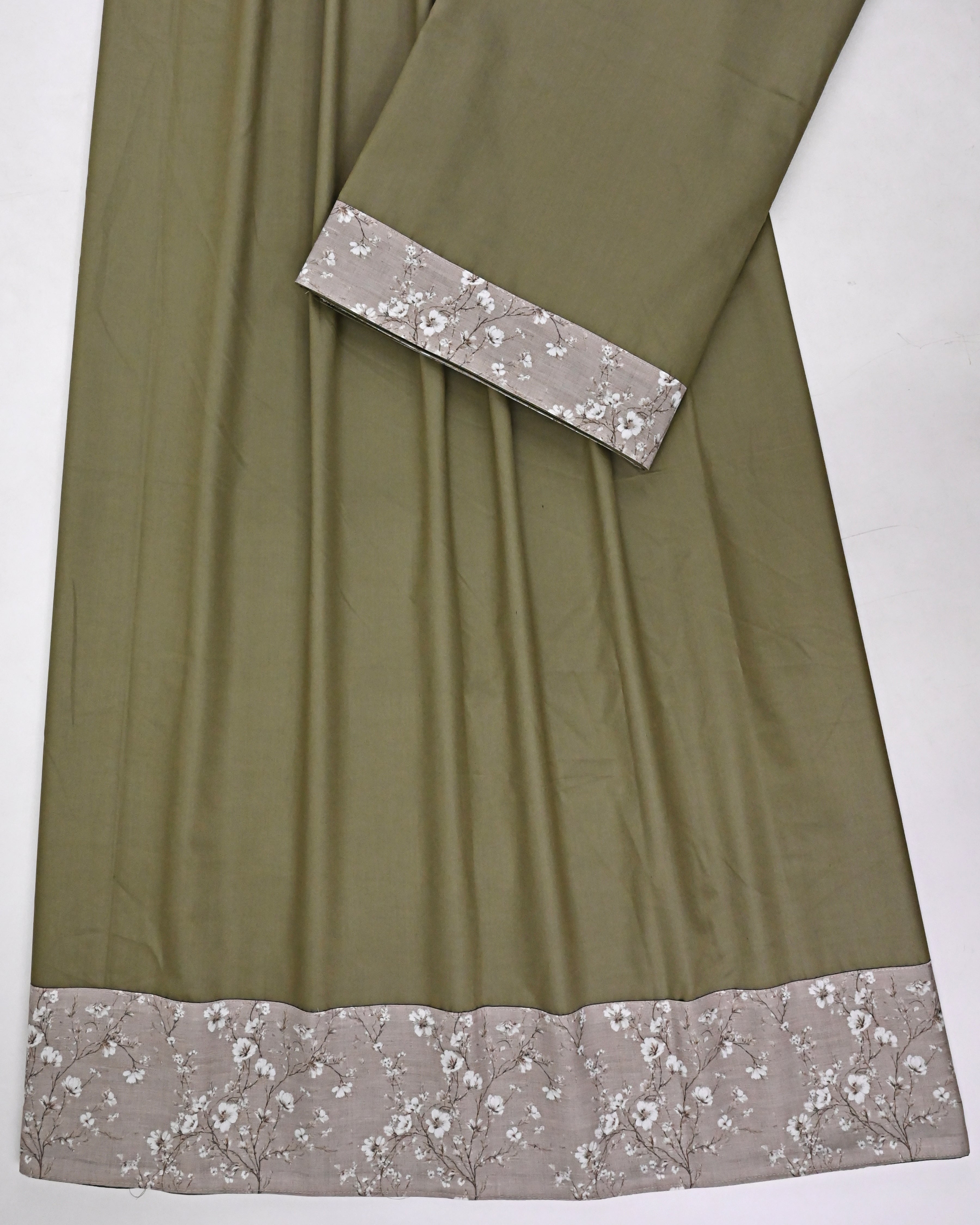Olive Green Ohbat Rida With Smart Floral Print Panel