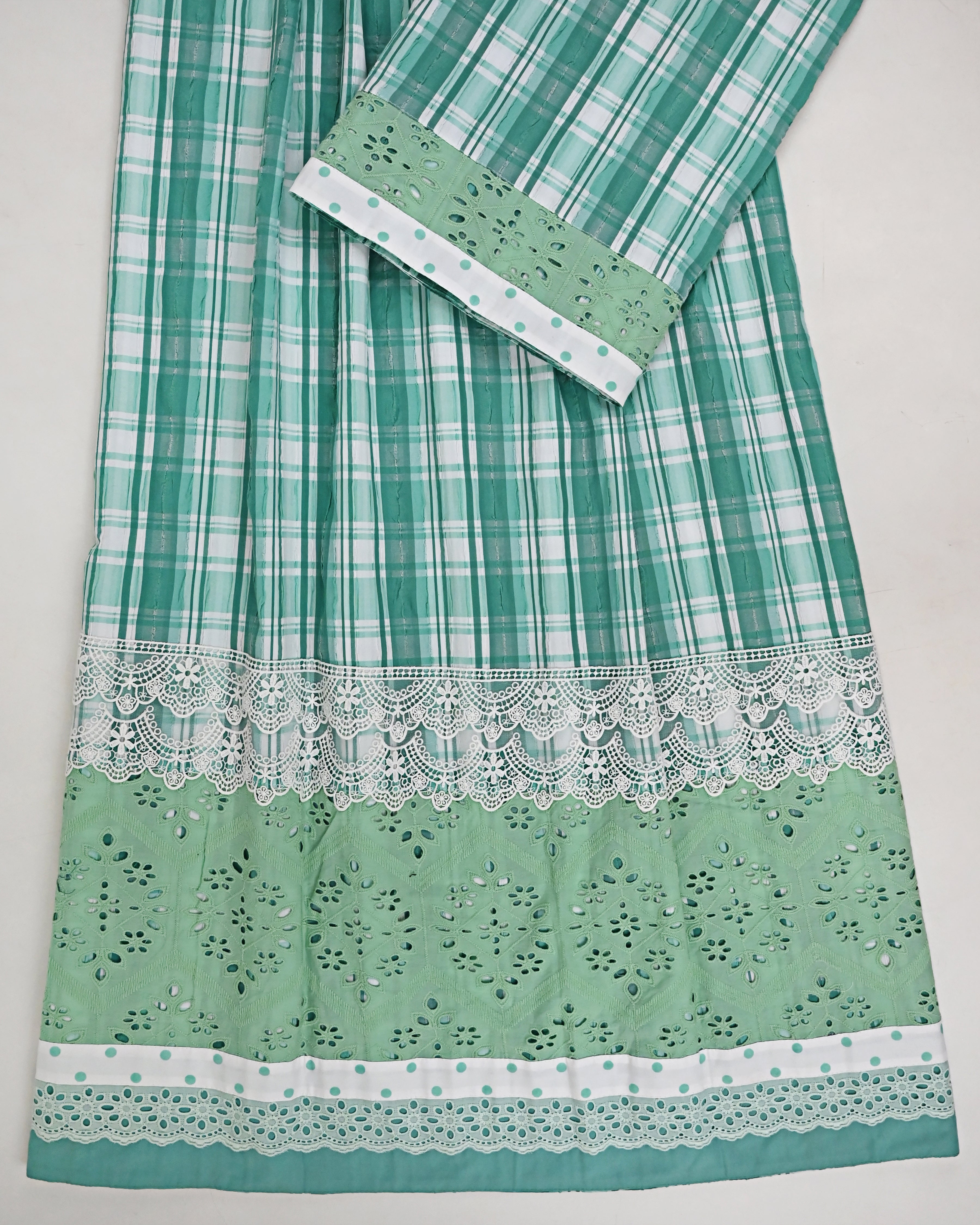 Surf Green Mint Green White Checks Rida With Smart Lace & Hakoba Panel