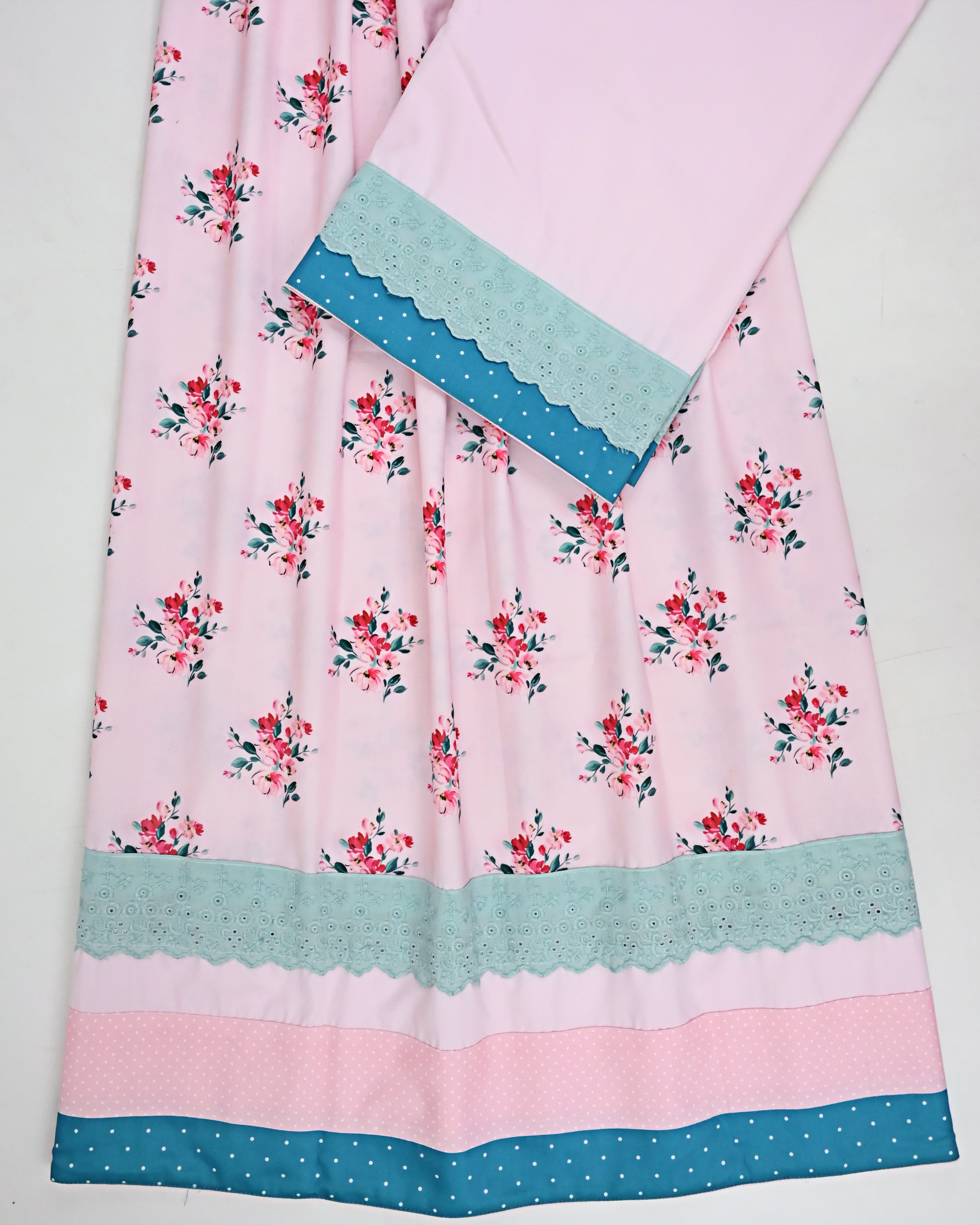 Blush Pink Rose Printed Rida With Smart Plain Panel & Smart Lace