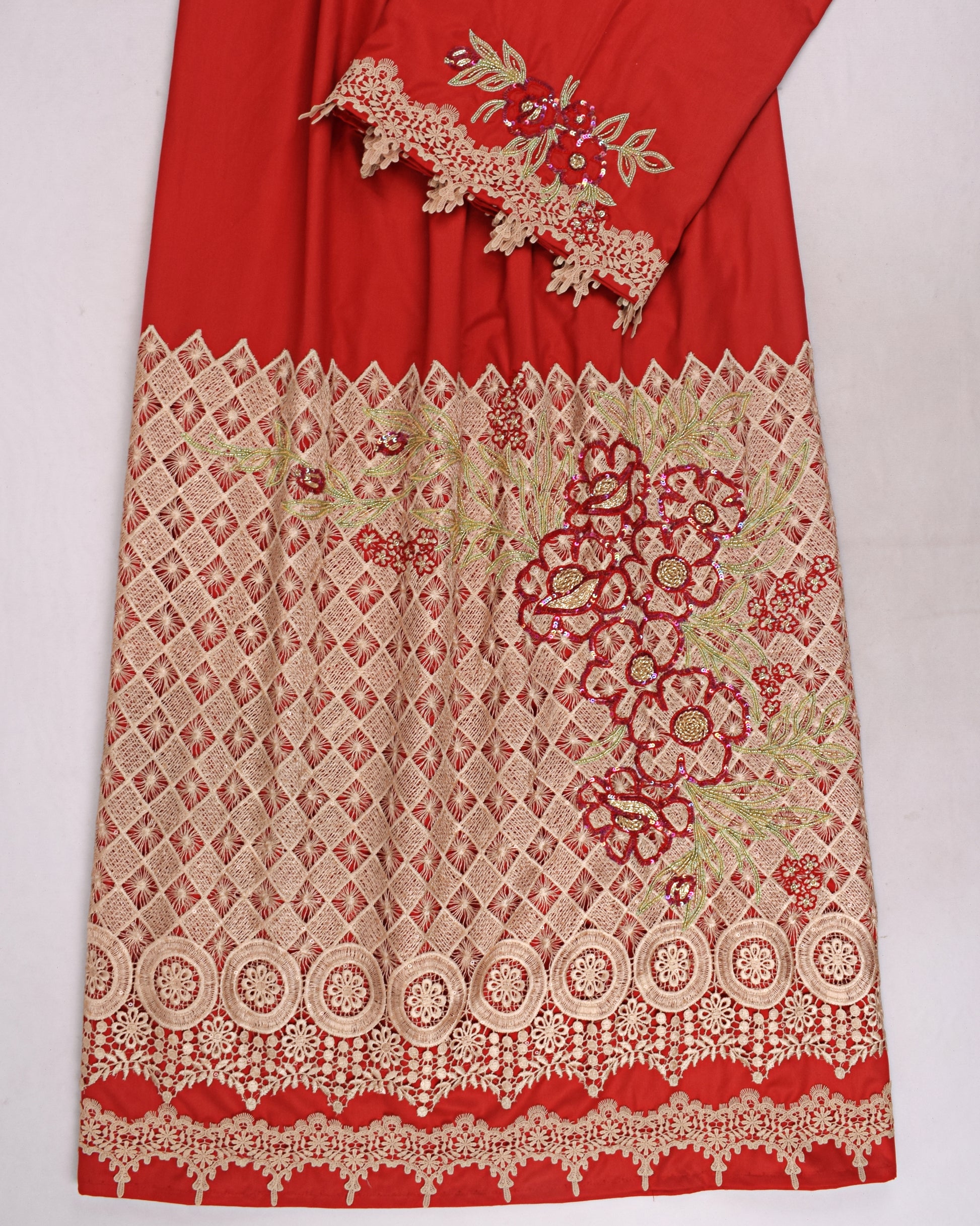 Red Rida With Beautiful Golden Lace & Aari Work – AL-Vard Collection
