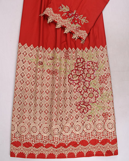 Red Rida With Beautiful Golden Lace & Aari Work