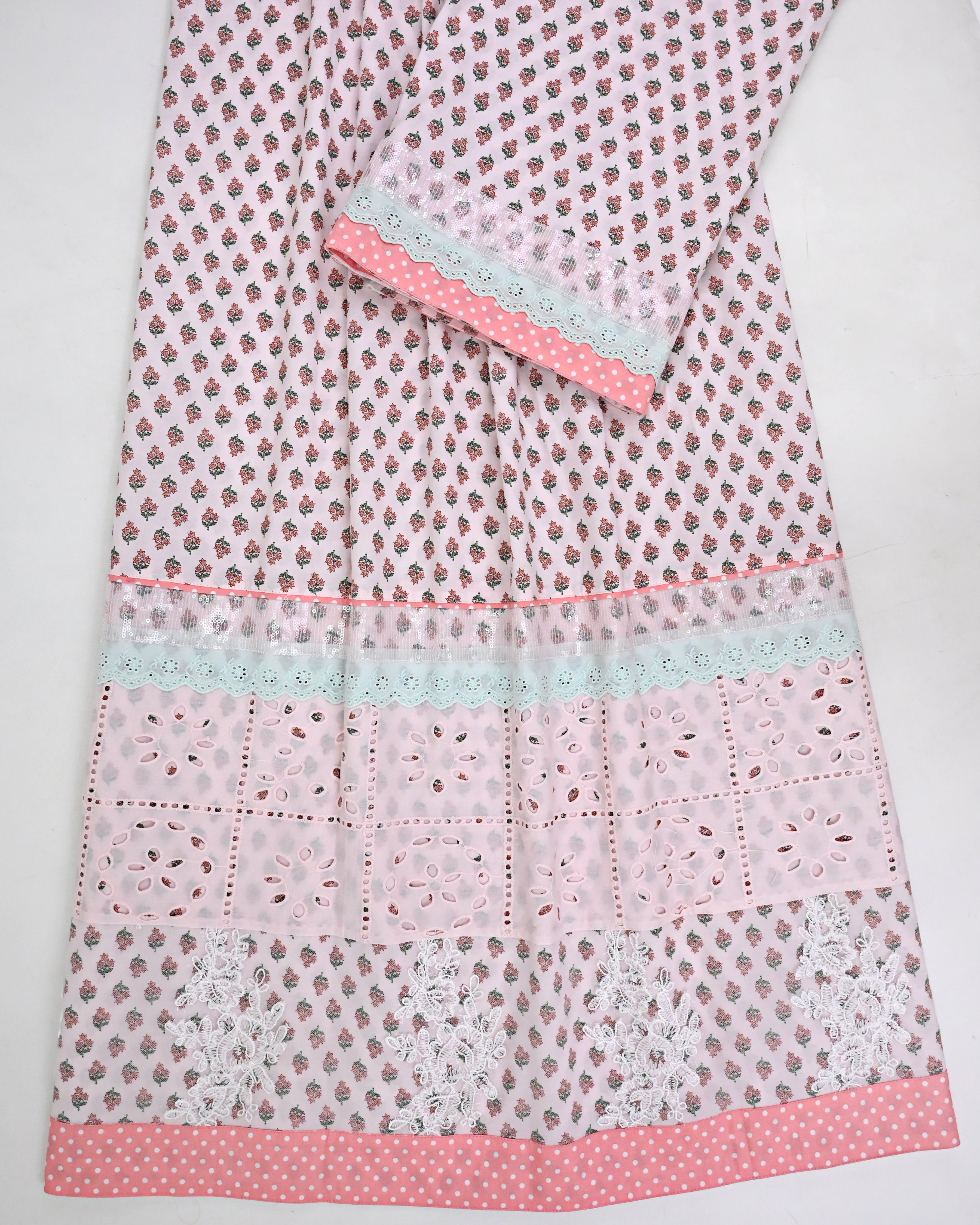 Pastel Pink Floral Print Rida With Smart Sequence Hakoba & Floral Lacing