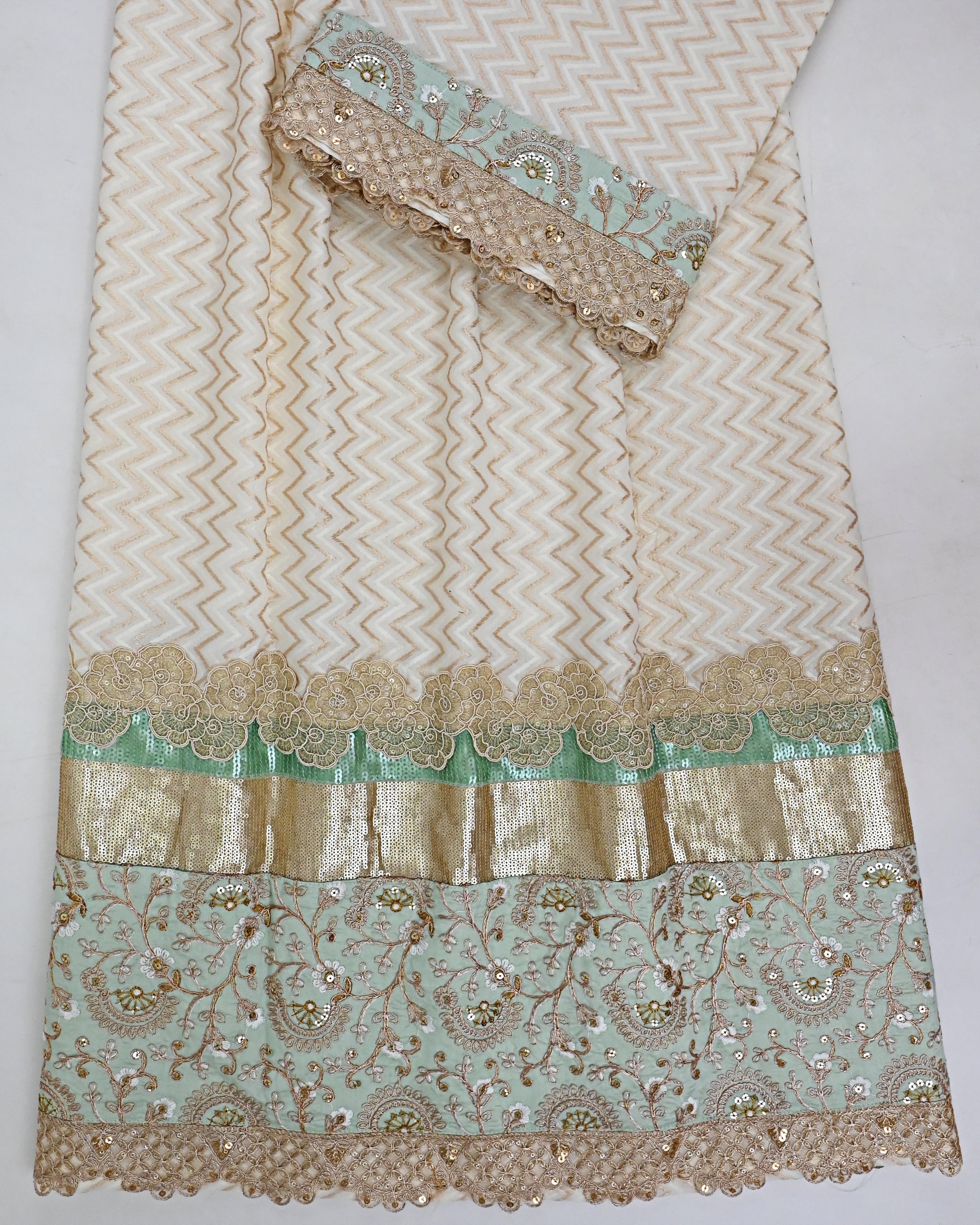 Ivory Golden Chevron Print Rida With Floral Sequence Lace & Smart Floral Work Heavy Panel