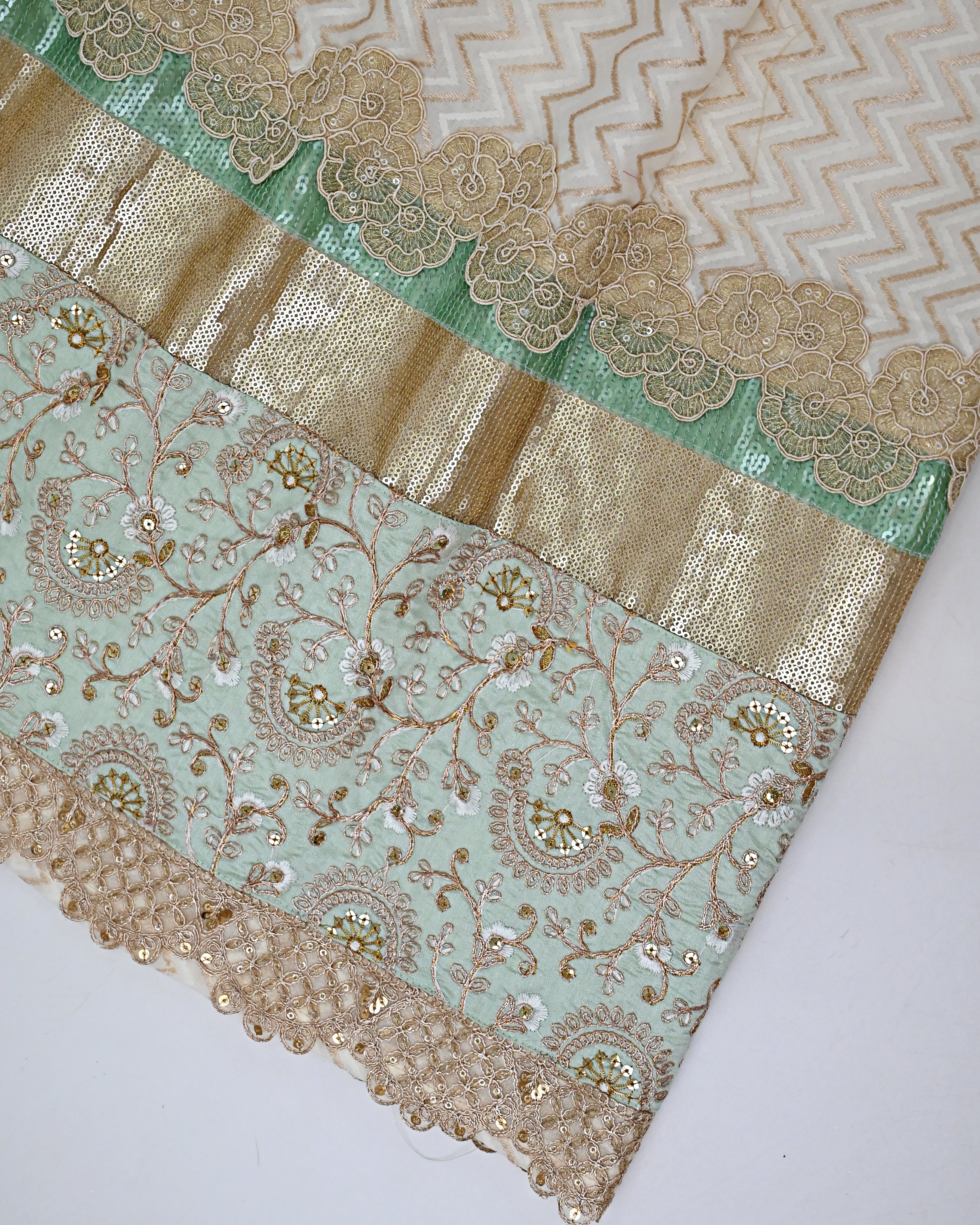 Ivory Golden Chevron Print Rida With Floral Sequence Lace & Smart Floral Work Heavy Panel