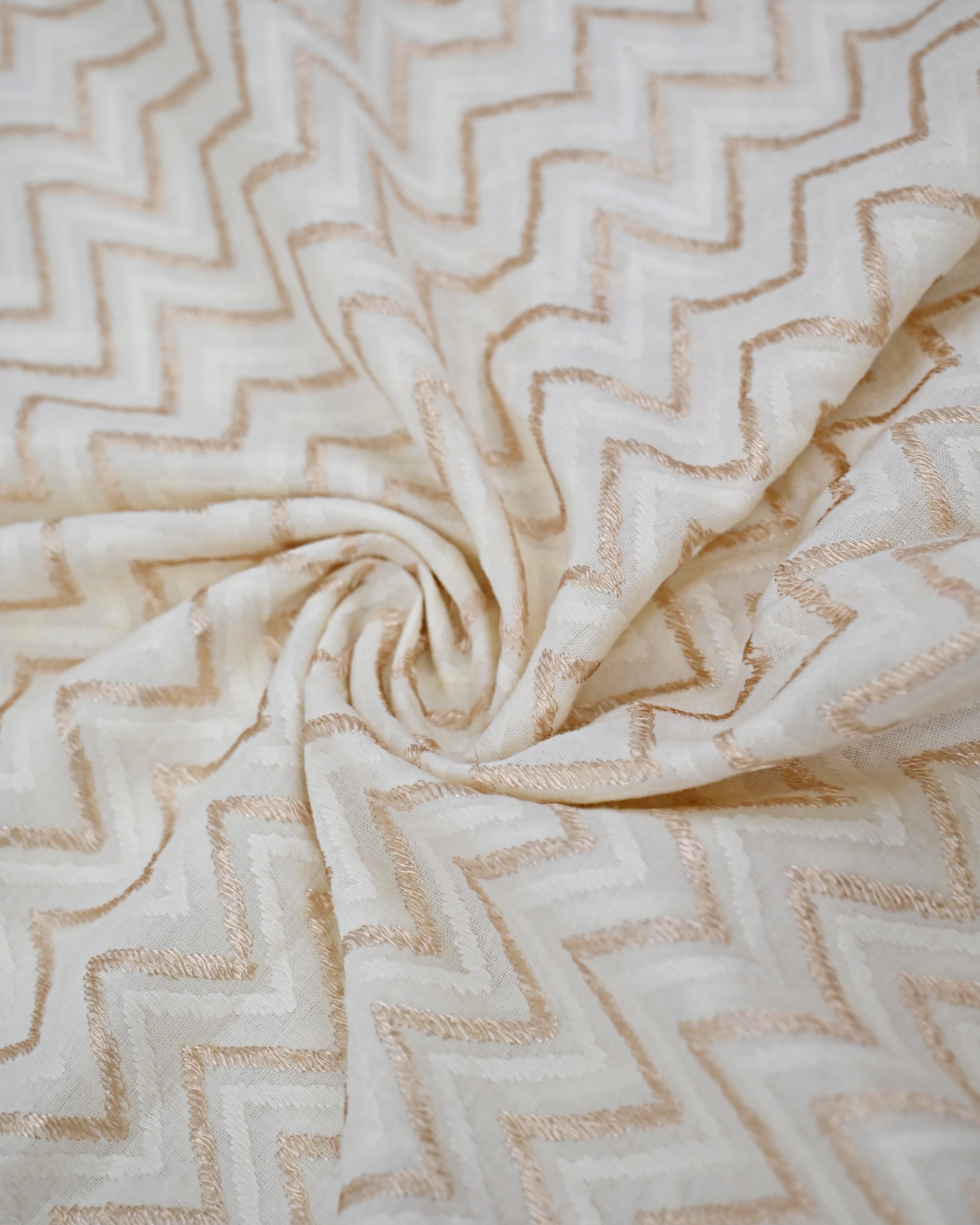 Ivory Golden Chevron Print Rida With Floral Sequence Lace & Smart Floral Work Heavy Panel