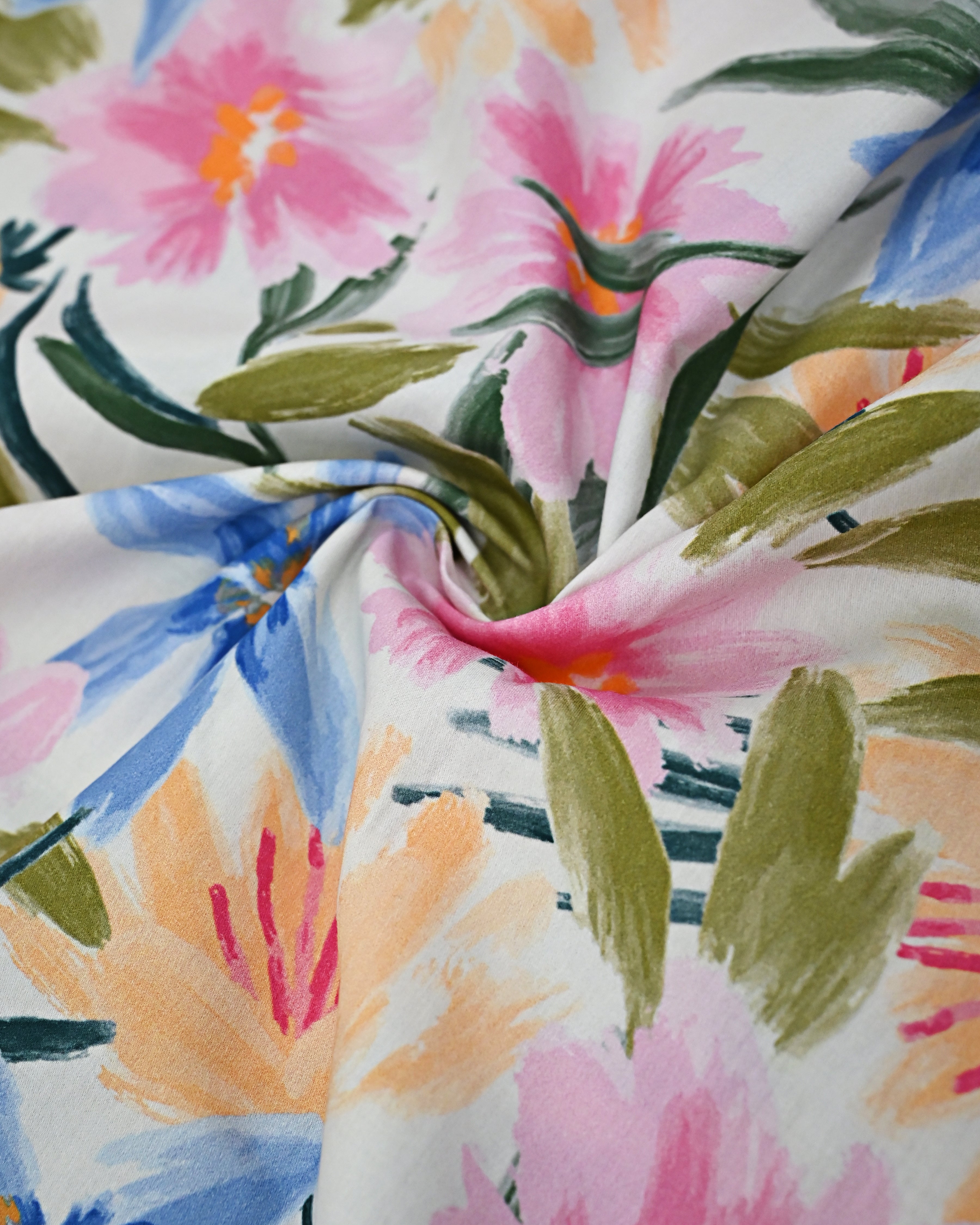 Multi Color Floral Print Rida With Smart Blue Panel With Floral Embroidery & Pipin