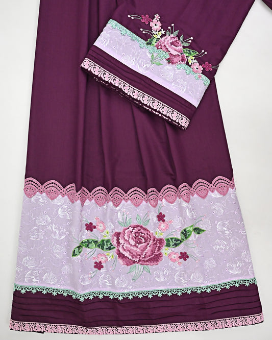Dark Plum Rida With Crosstich Floral Bunch on Smart White Lace & Pintex