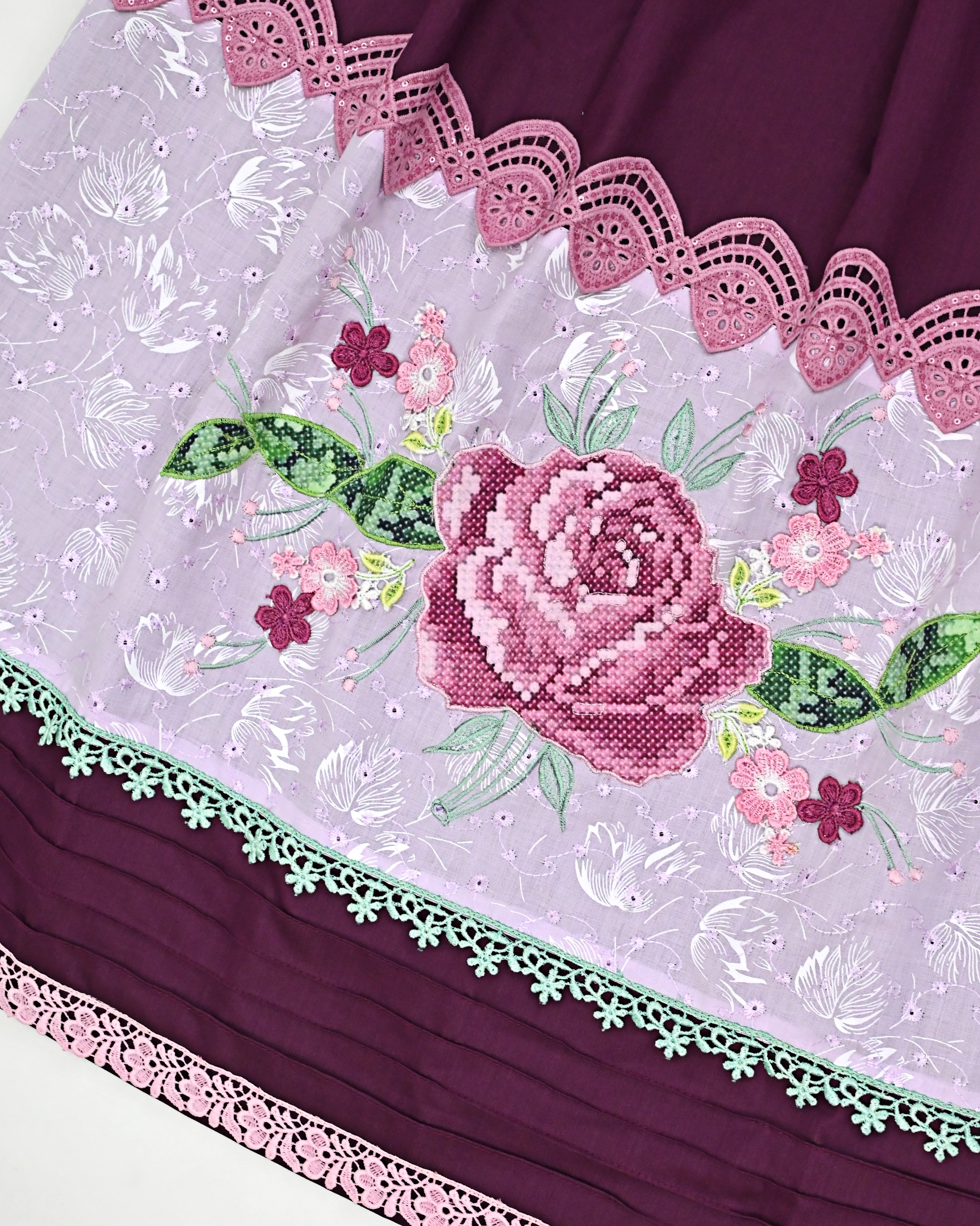 Dark Plum Rida With Crosstich Floral Bunch on Smart White Lace & Pintex
