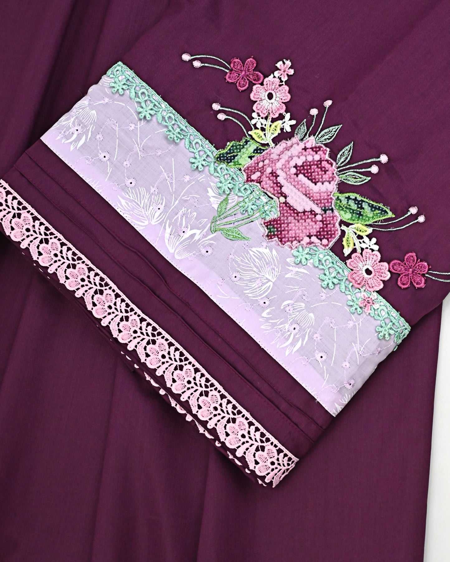 Dark Plum Rida With Crosstich Floral Bunch on Smart White Lace & Pintex