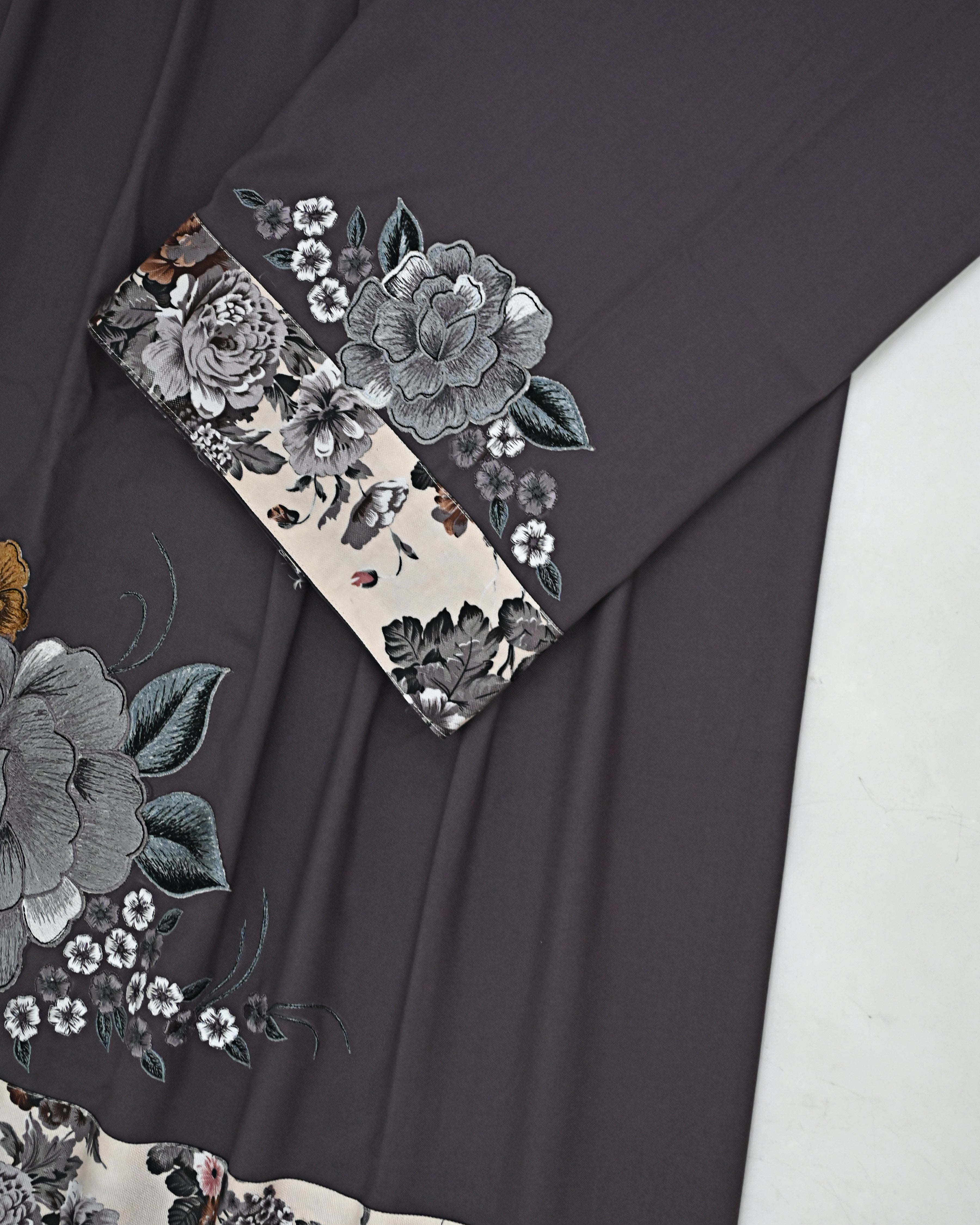 Dark Charcoal Grey Rida With Imported Floral Panel & Beautiful Floral Applique Work