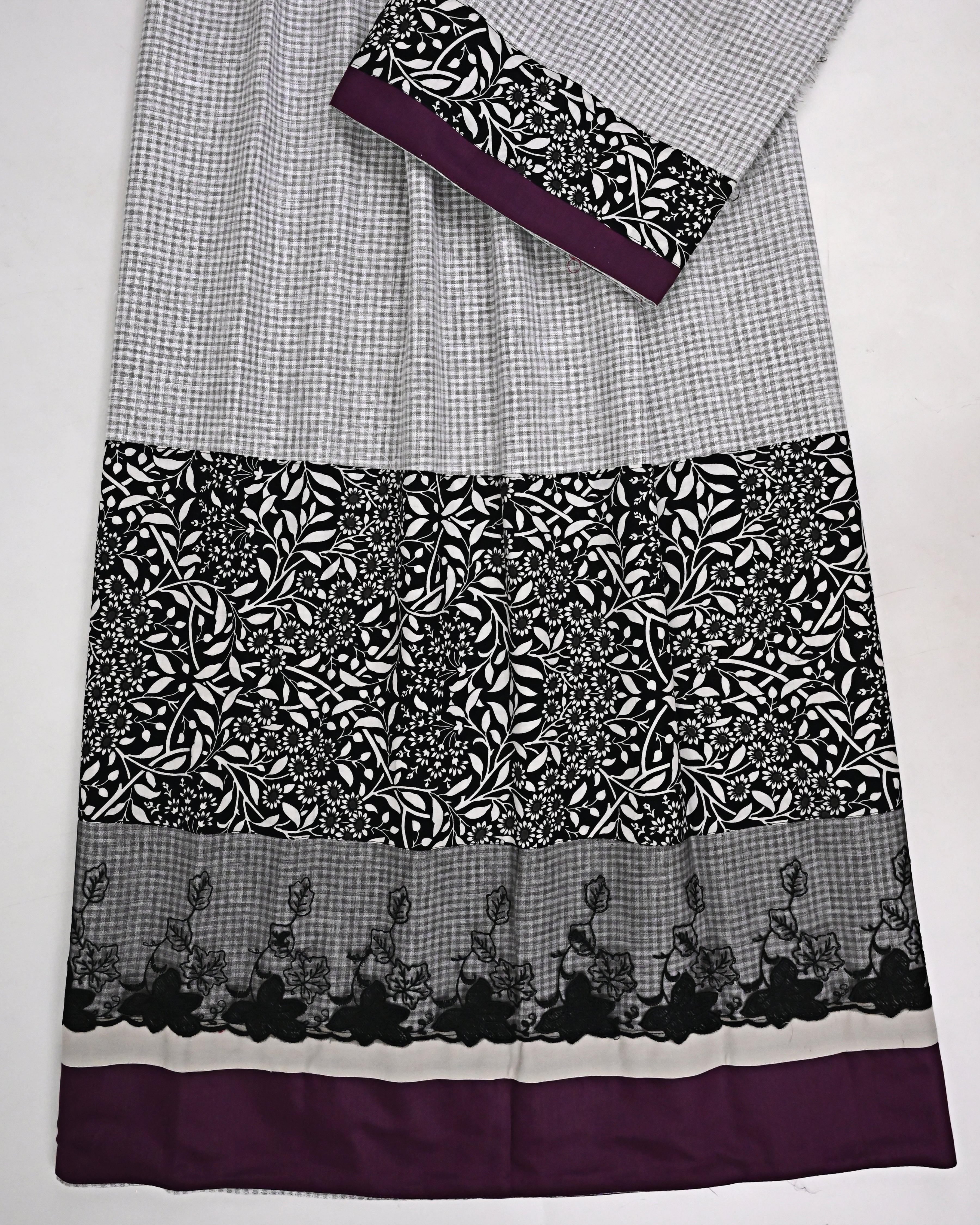Grey White Cheks Rida With Black White Floral Print Panel Black Floral Lace & Plain Panel