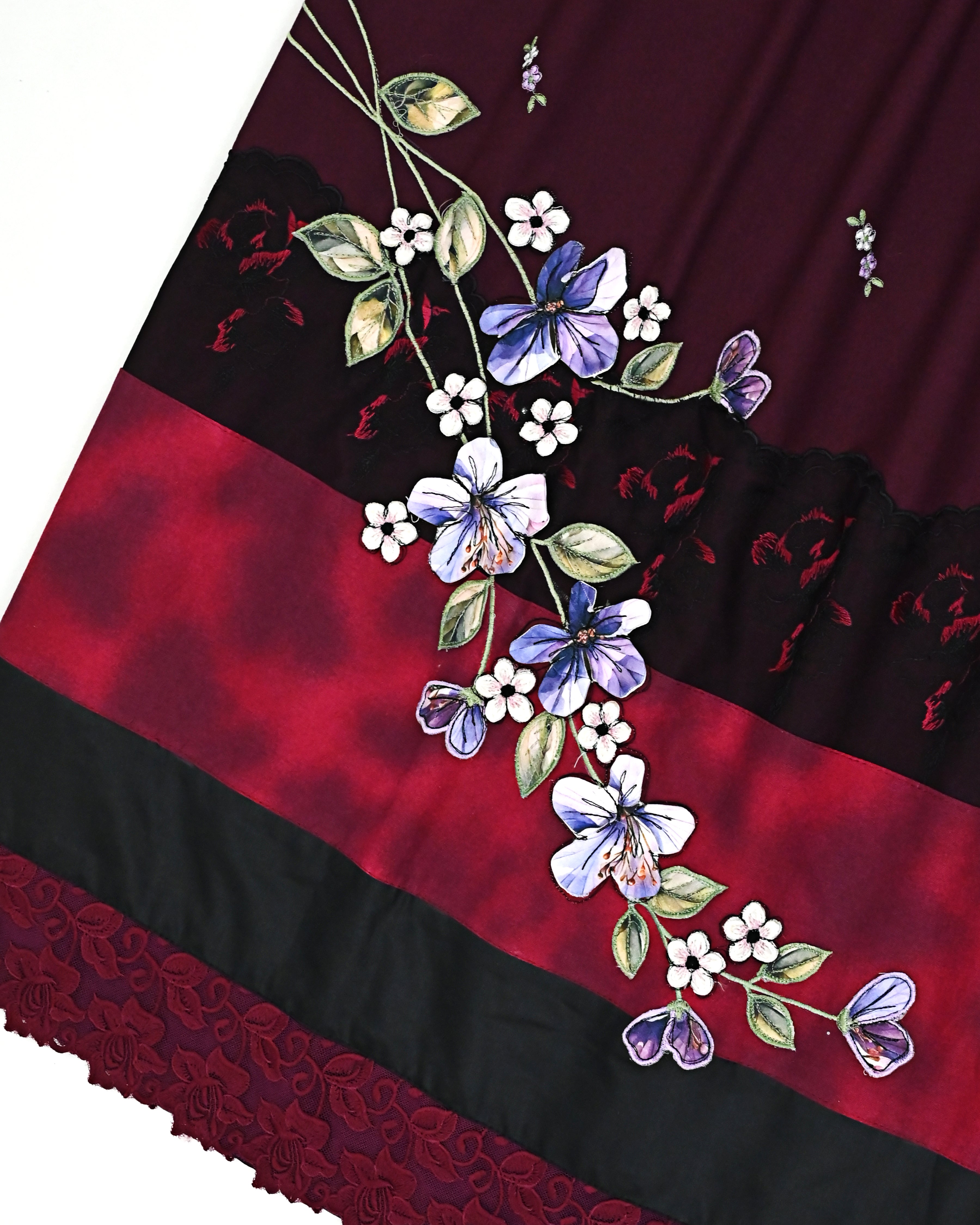 Burgundy Rida With Smart Dark Lace Marble Print Panel & Smart Floral Work