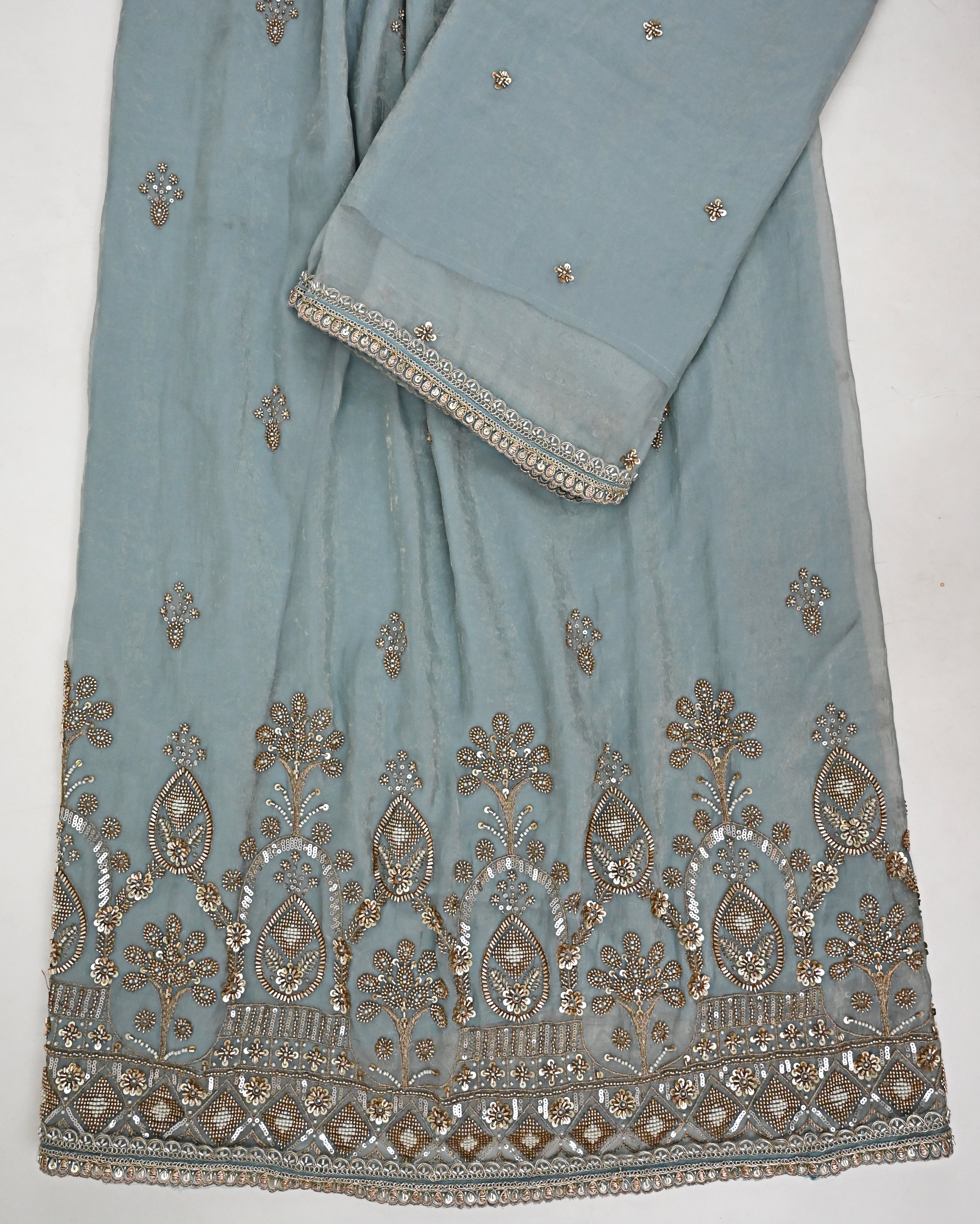 Slate Grey Rida With Golden Floral Aari Work Heavy Look