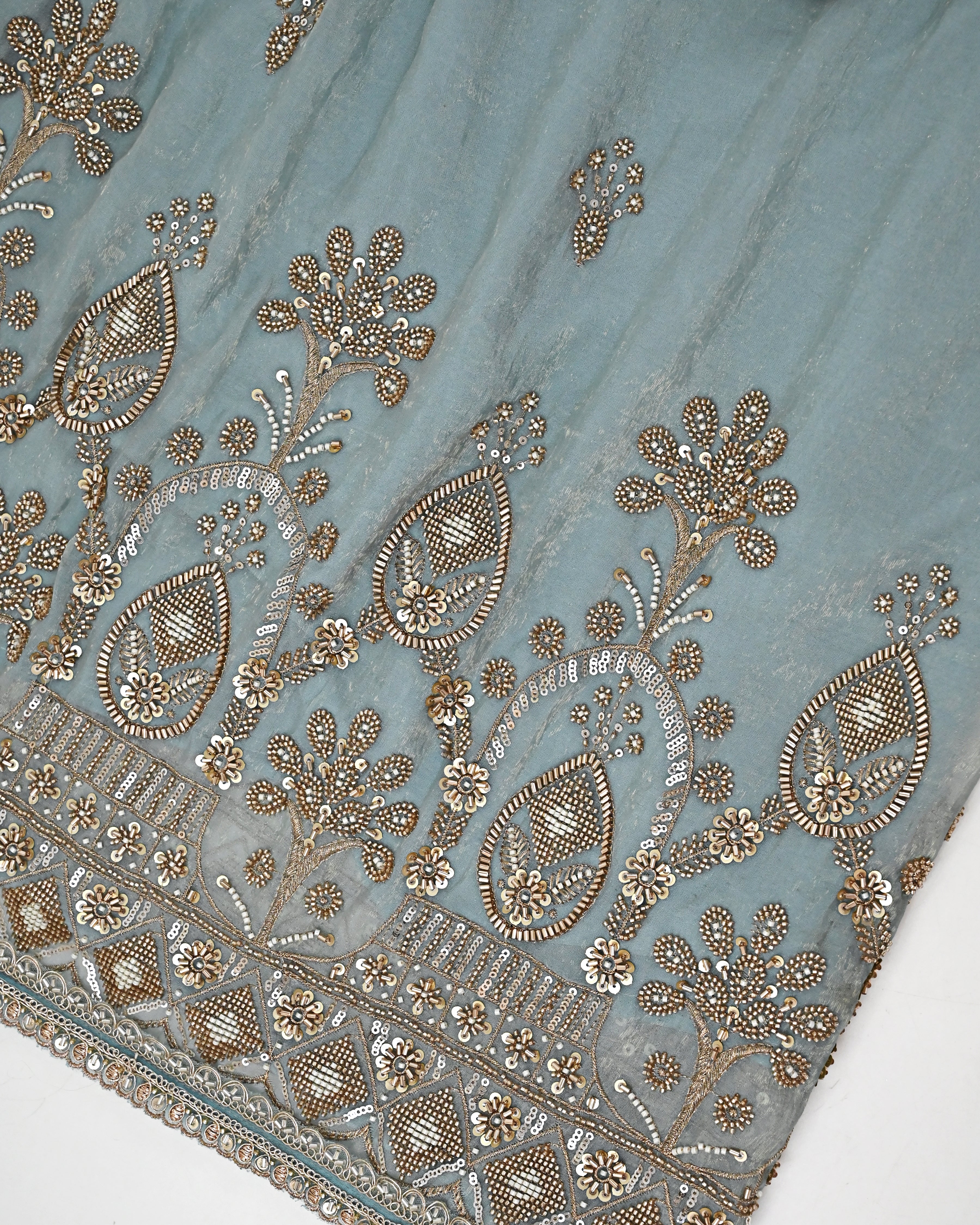 Slate Grey Rida With Golden Floral Aari Work Heavy Look