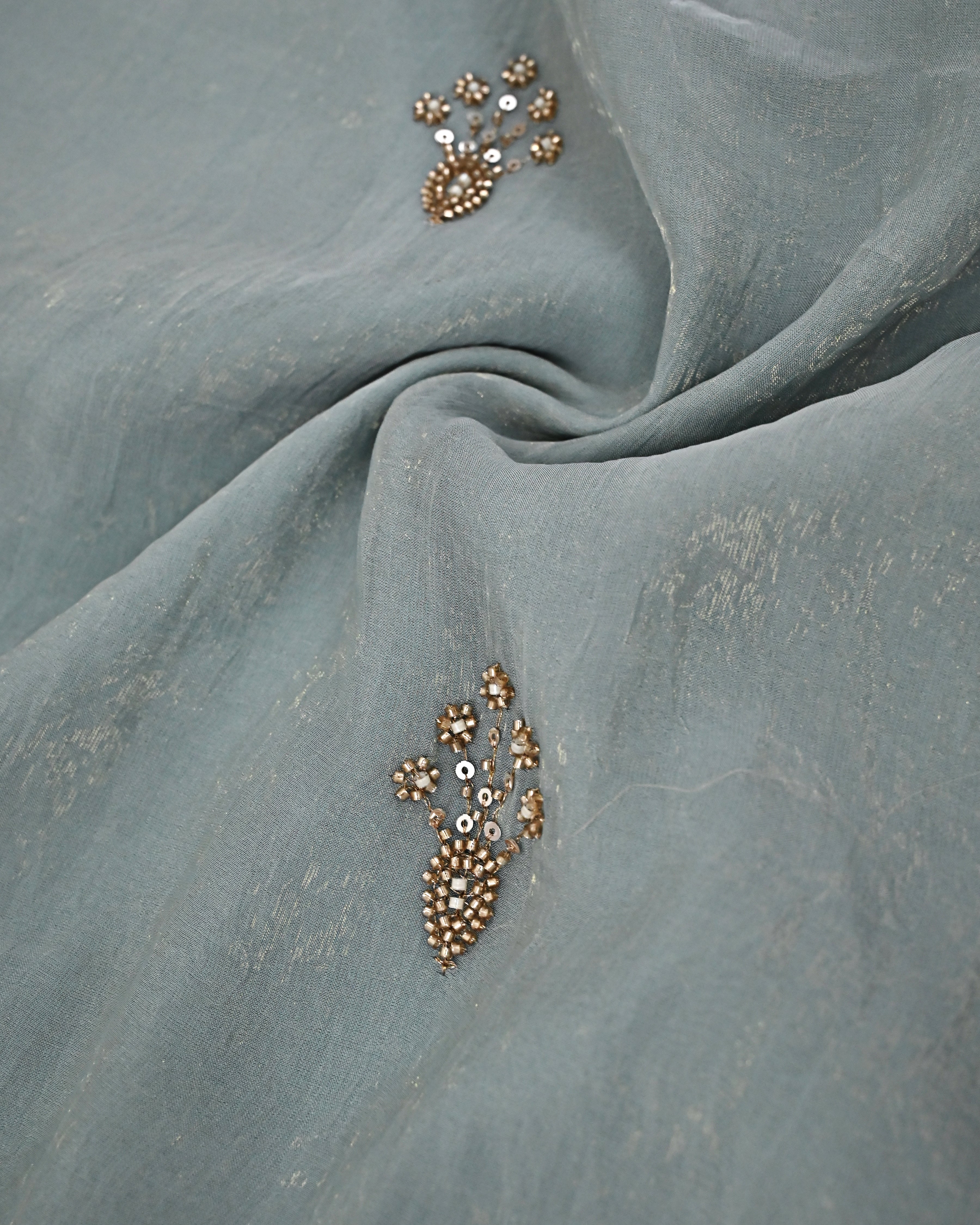 Slate Grey Rida With Golden Floral Aari Work Heavy Look