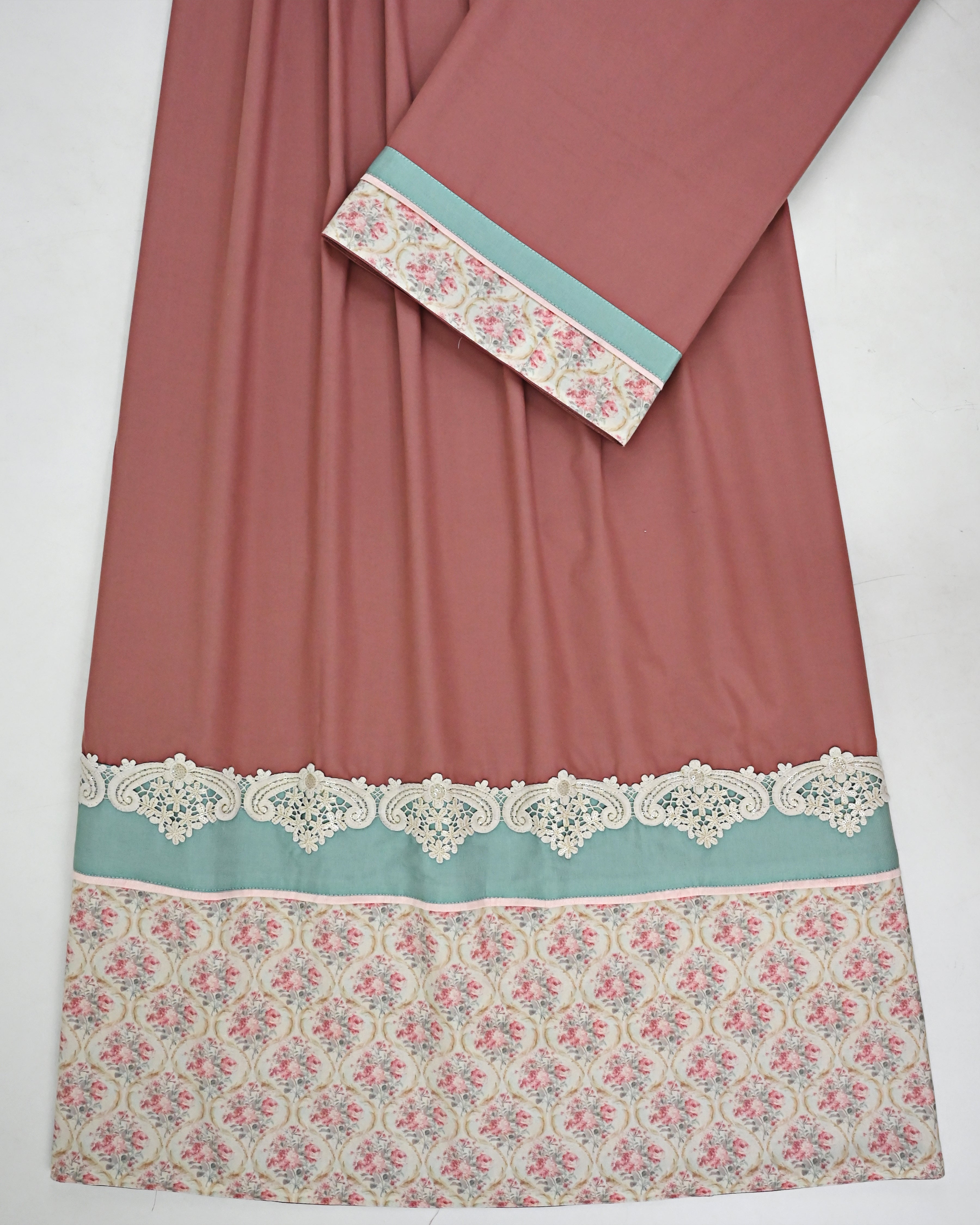 Dark Peach Rida With Smart Floral Print Panel & Smart Lace