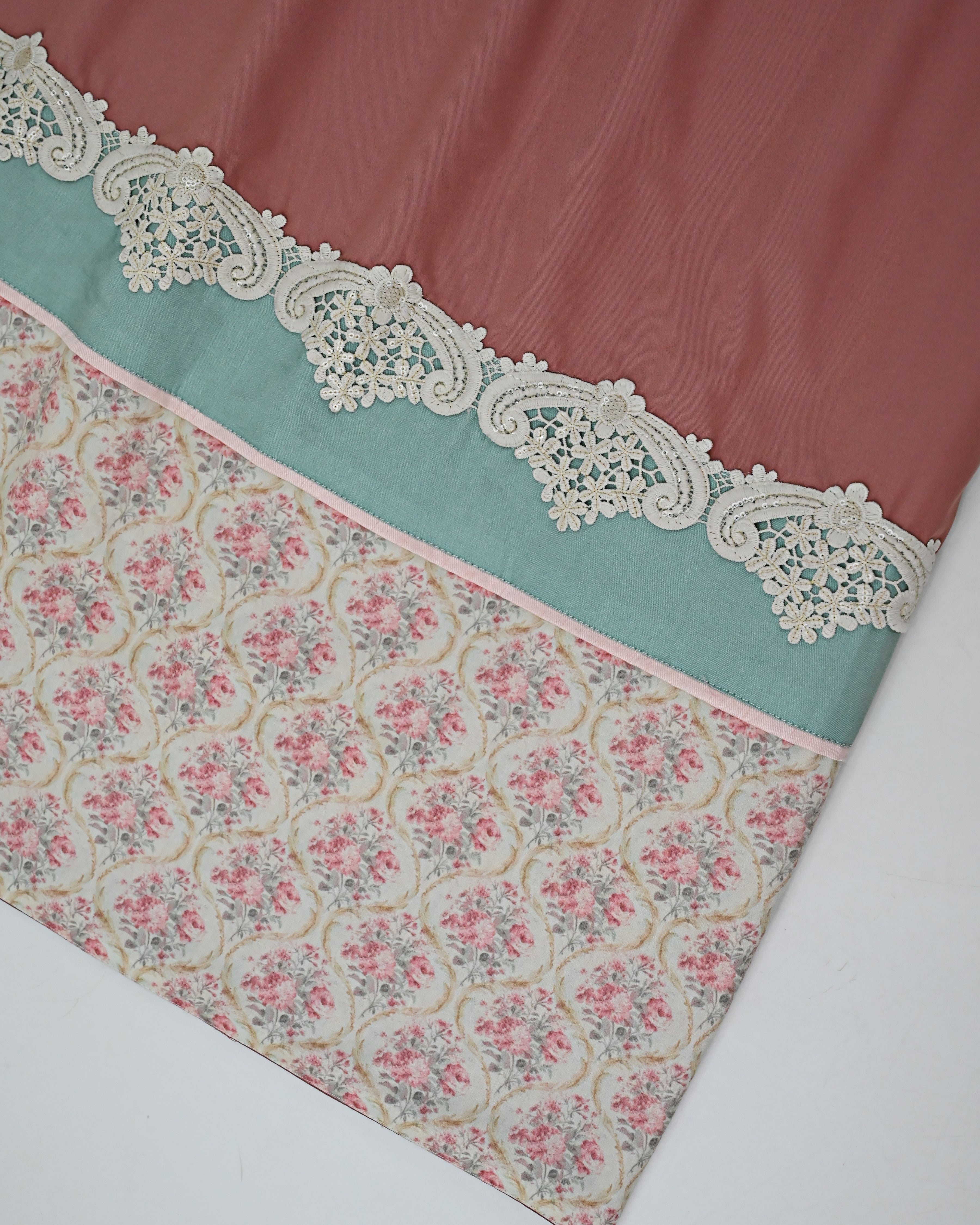 Dark Peach Rida With Smart Floral Print Panel & Smart Lace