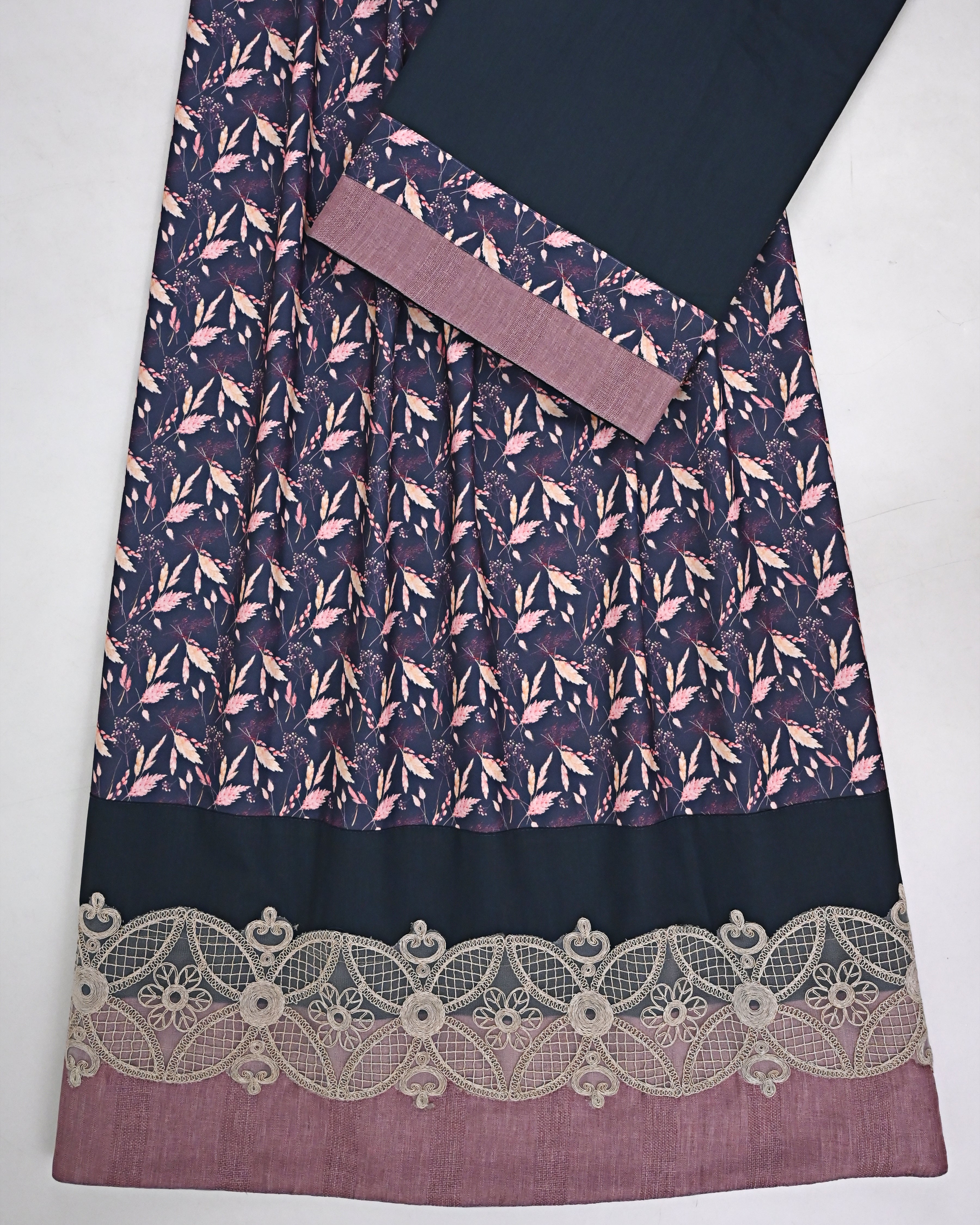 Navy Blue Base Full Printed Rida With Dark Smart Panel & Smart Imported Lace & Plain Navy Pardi