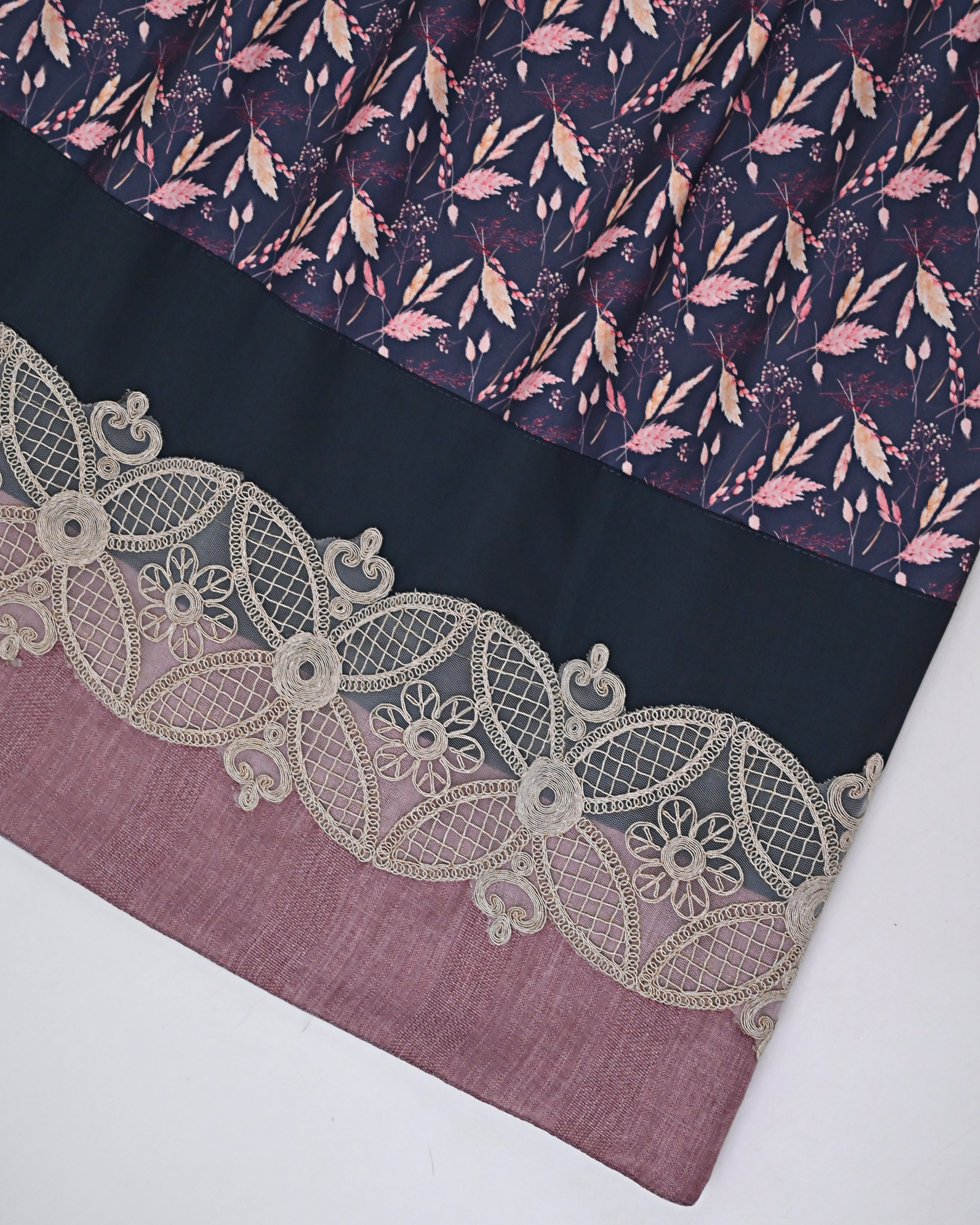 Navy Blue Base Full Printed Rida With Dark Smart Panel & Smart Imported Lace & Plain Navy Pardi