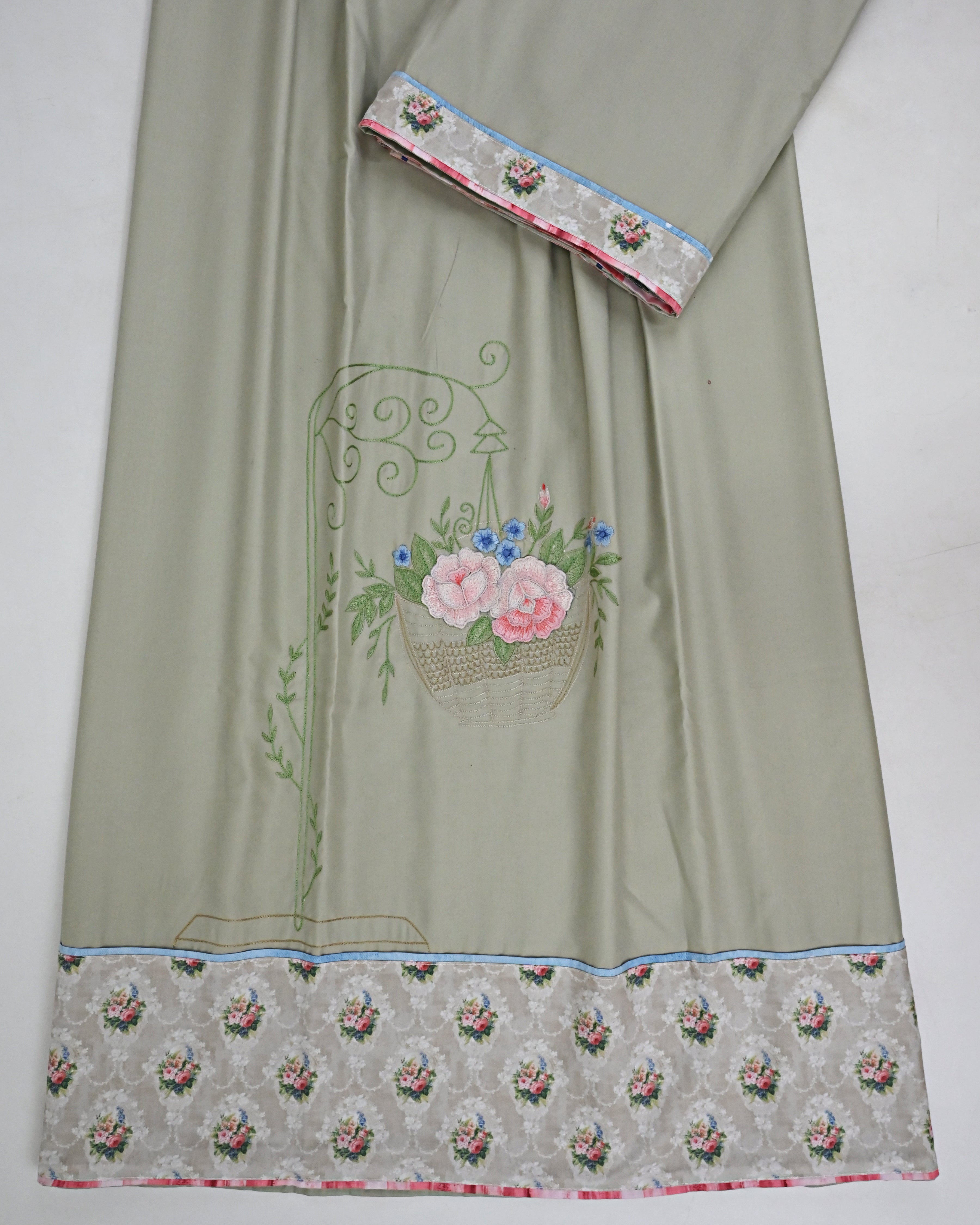 Sage Green Rida With Smart Floral Print Panel & Smart Embroidery Bunch On Front