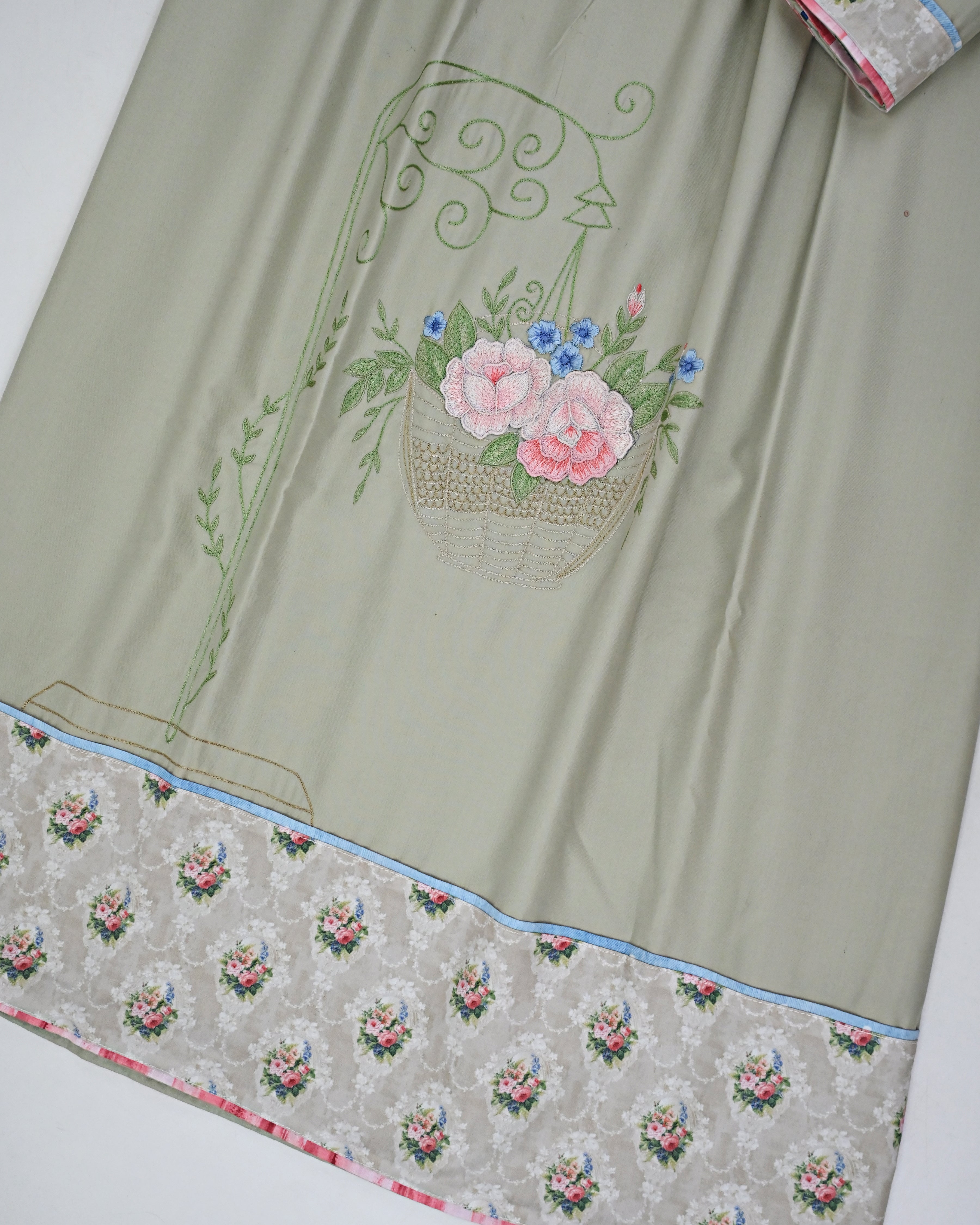 Sage Green Rida With Smart Floral Print Panel & Smart Embroidery Bunch On Front