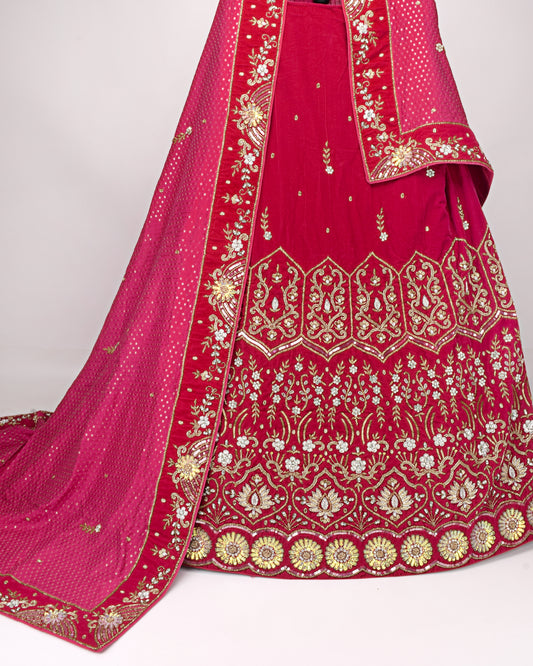 Rani Pink Velvet Bridal Jodi With Full Zardosi Work & Sequence Dupatta