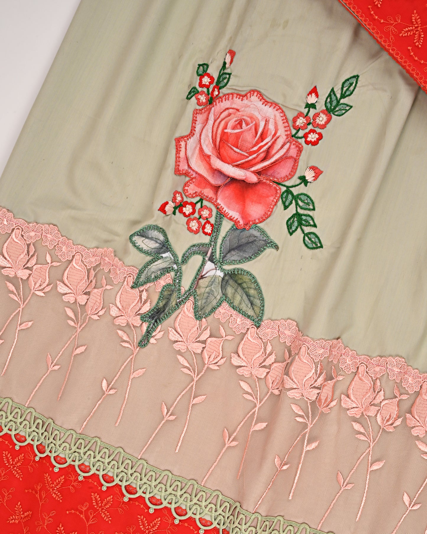 Hazelnut Rida With Smart Red Panel Lace & Rose Applique