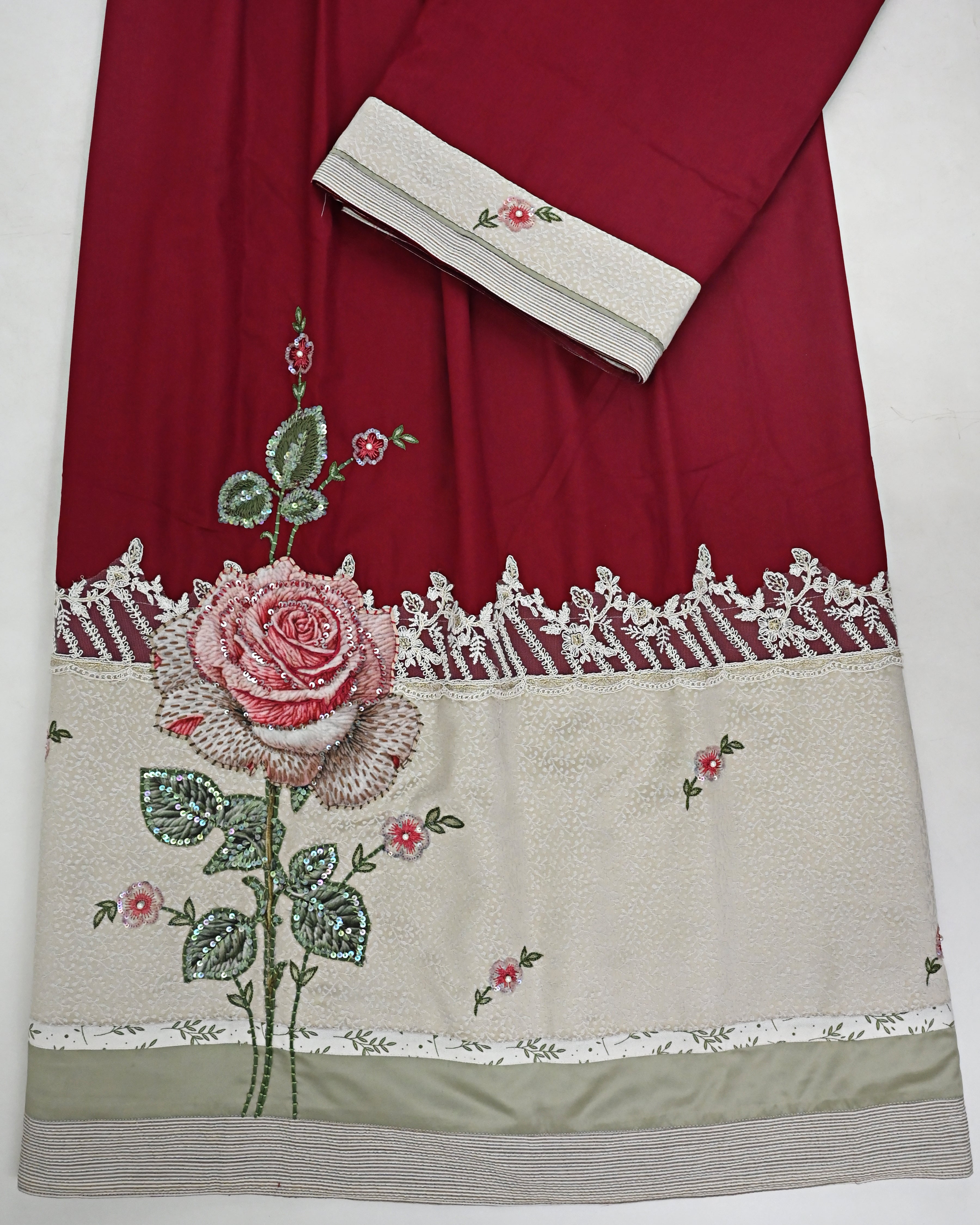 Wine Red Rida With Heavy Panel Floral Aari Work & Smart Lacing-3950/-
