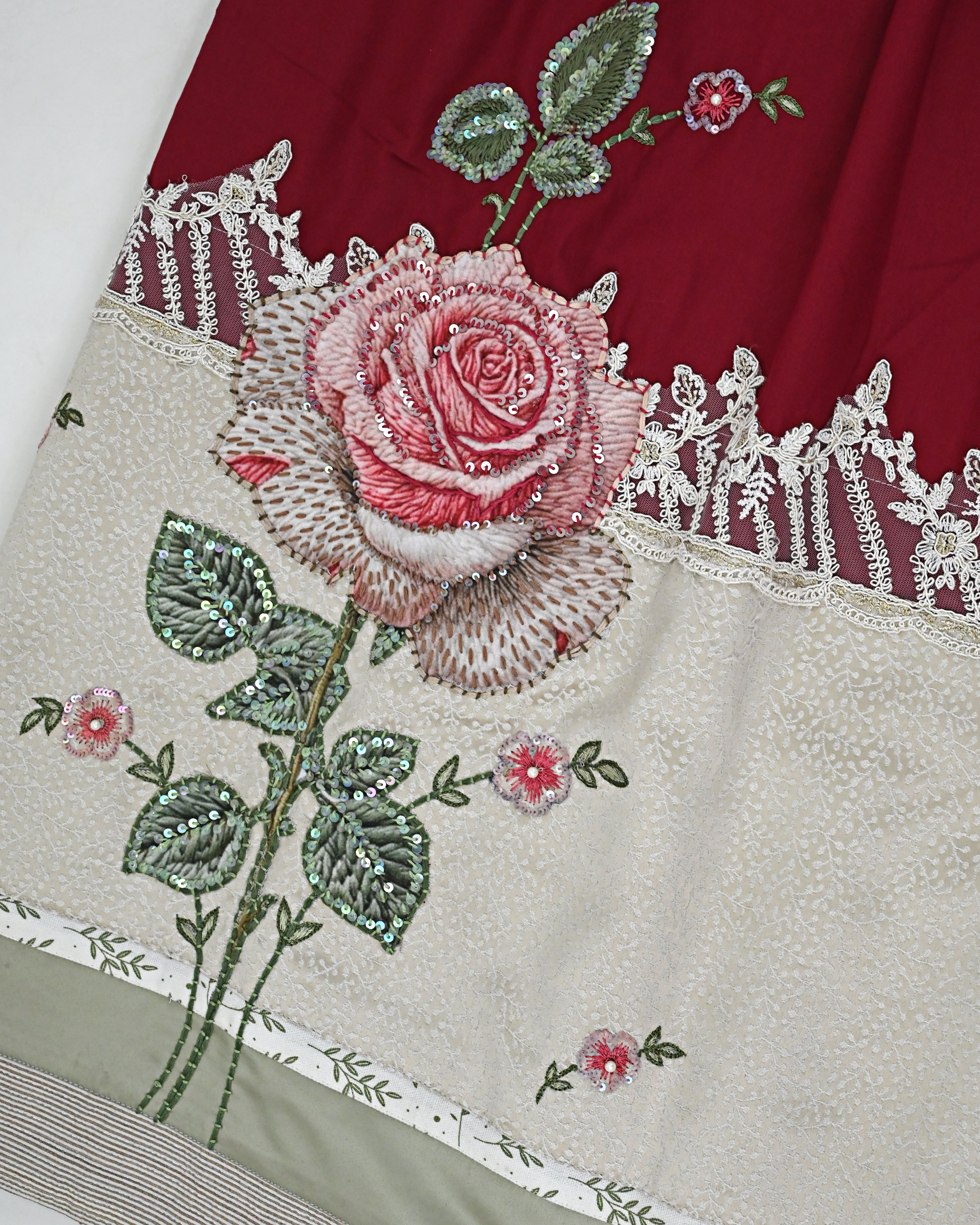 Wine Red Rida With Heavy Panel Floral Aari Work & Smart Lacing-3950/-