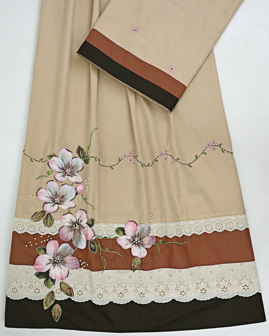 Beige Rida With Dark Color Panel Cream Lace & Floral Embroidery Work