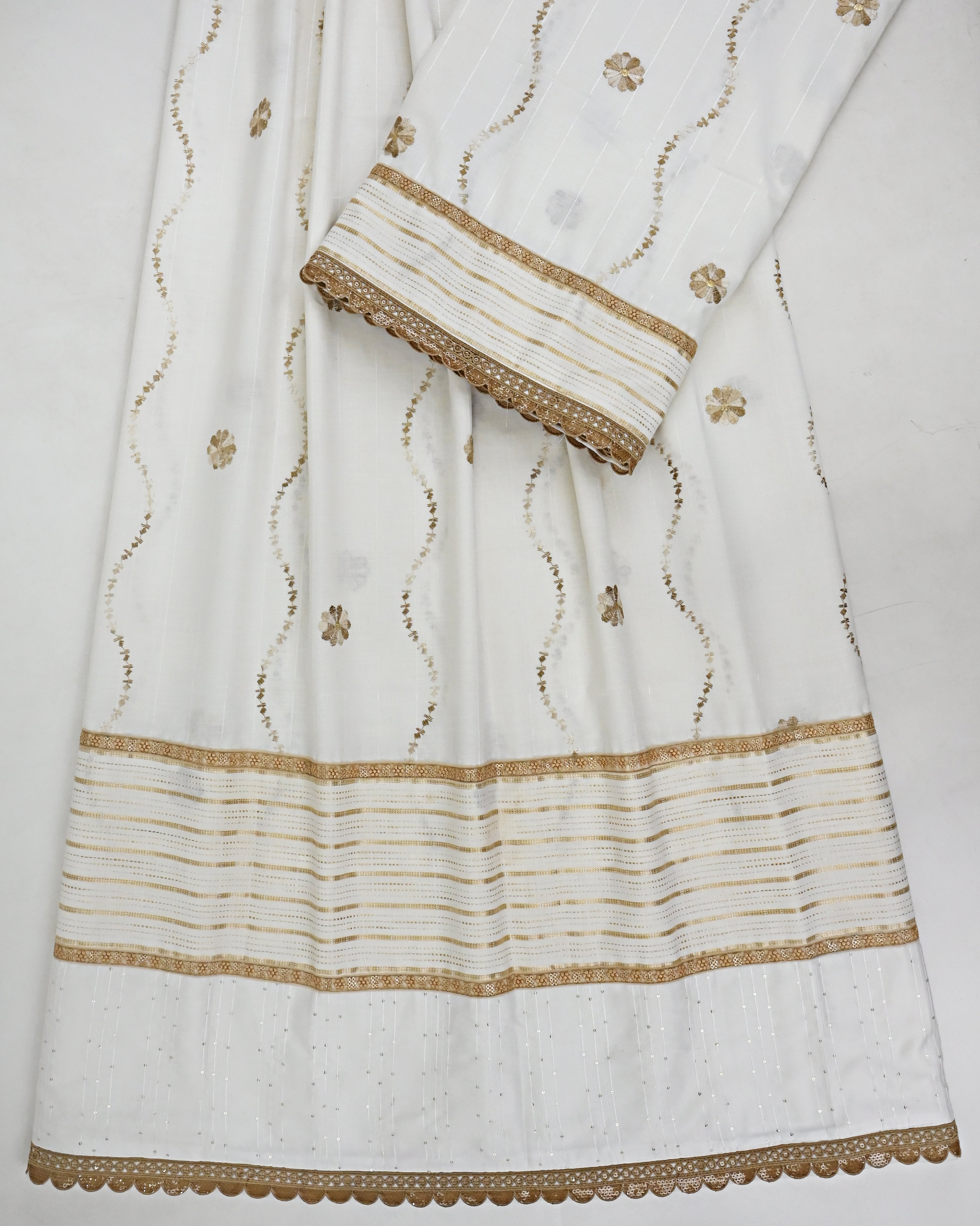 Off White Rida With Smart Floral & Smart Golden Stripes Panel & Golden Lace-2050/-