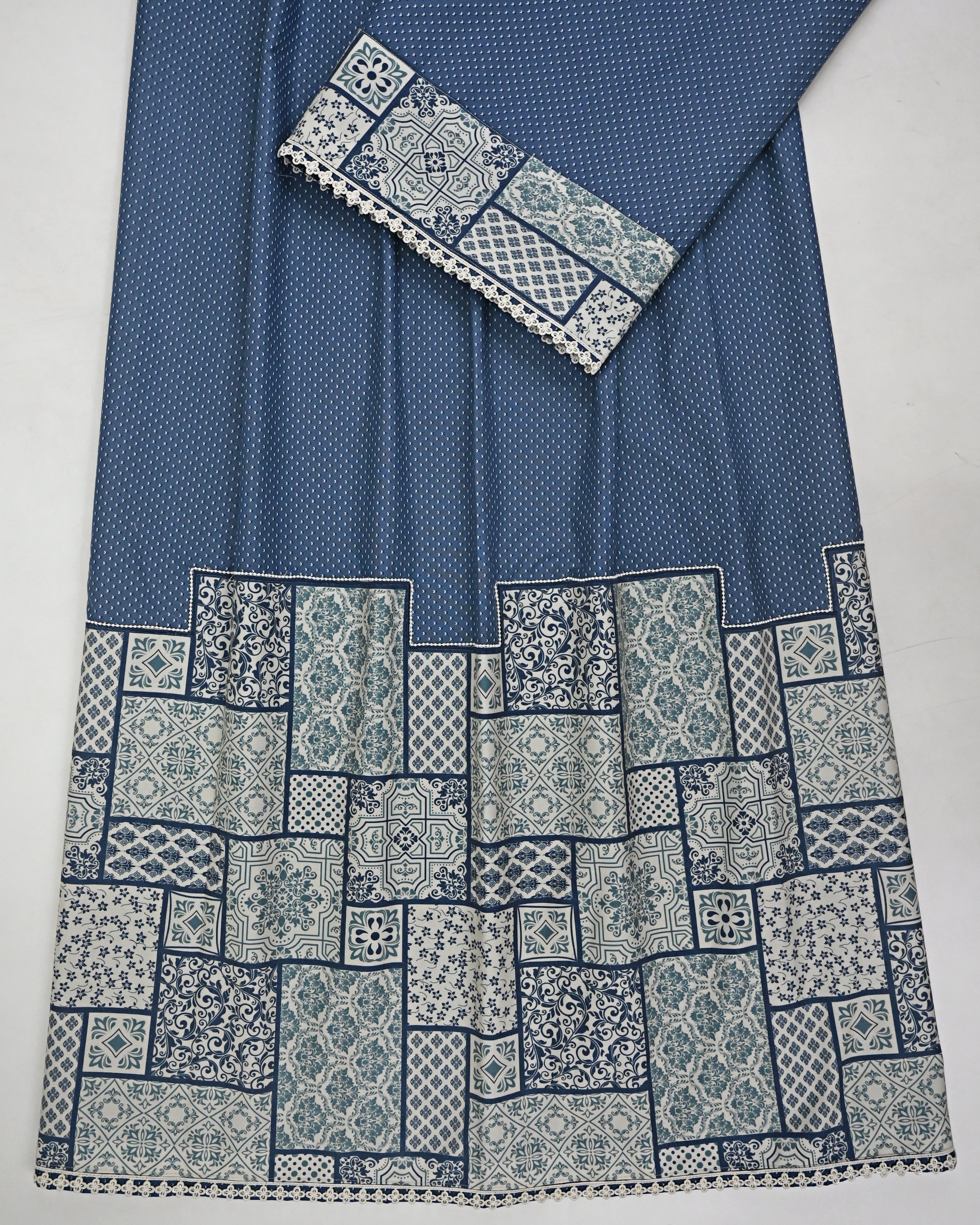 Twilight Blue Printed Rida With Smart Design Pattern Panel With Pearl Coding-2100/-