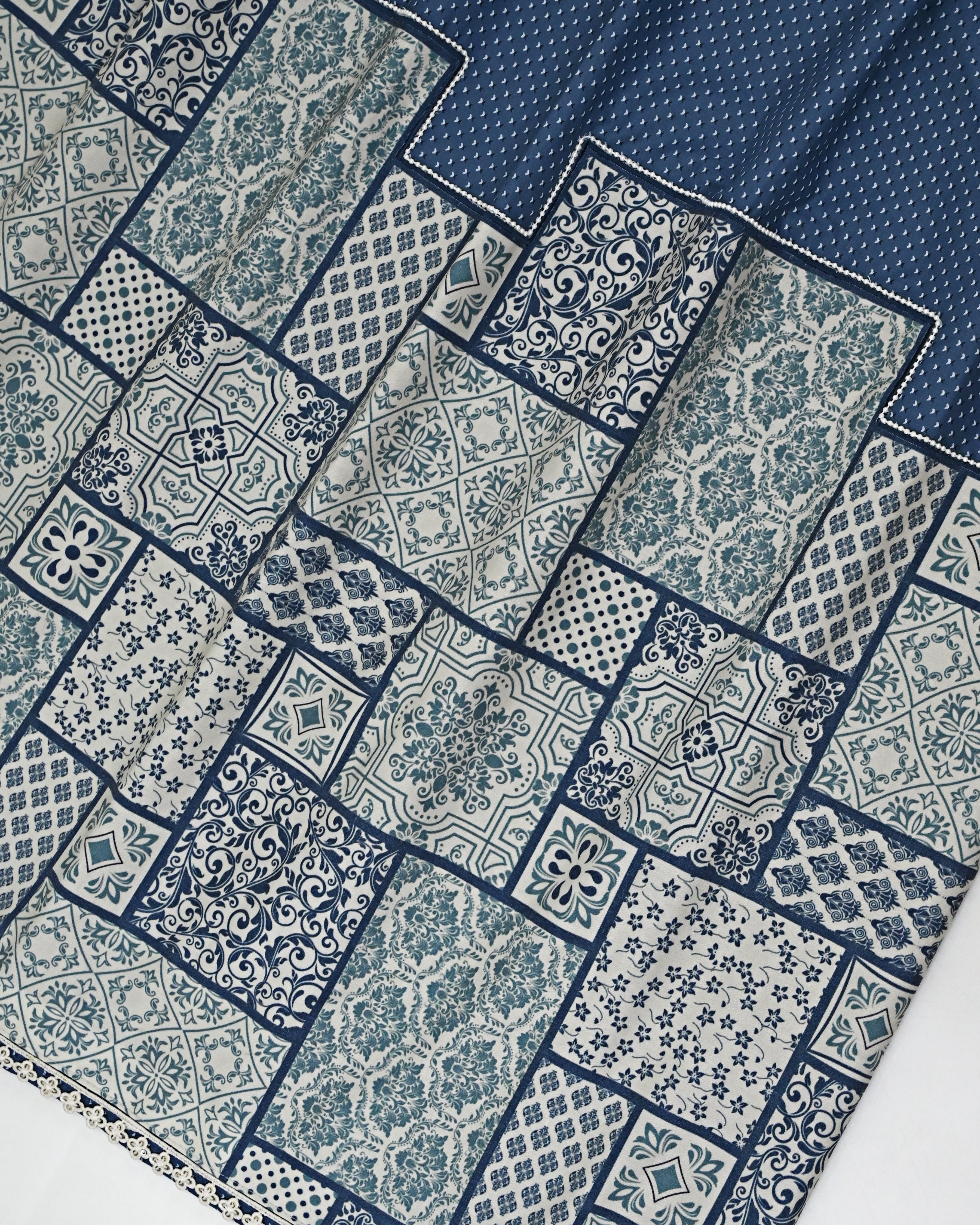 Twilight Blue Printed Rida With Smart Design Pattern Panel With Pearl Coding-2100/-