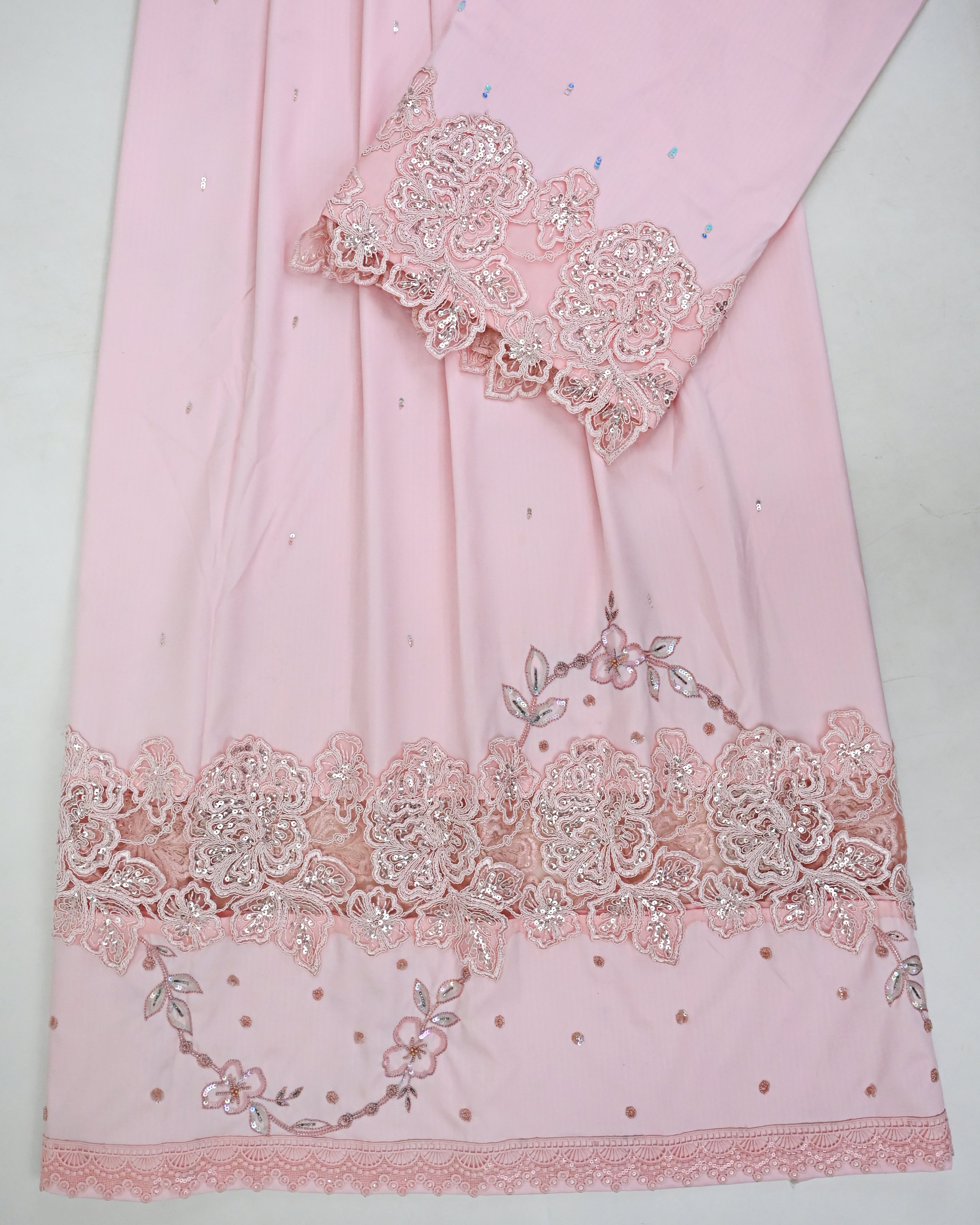 Baby PInk Rida With Heavy Floral Lace Panel & Aari Work Touch Up-4500/-
