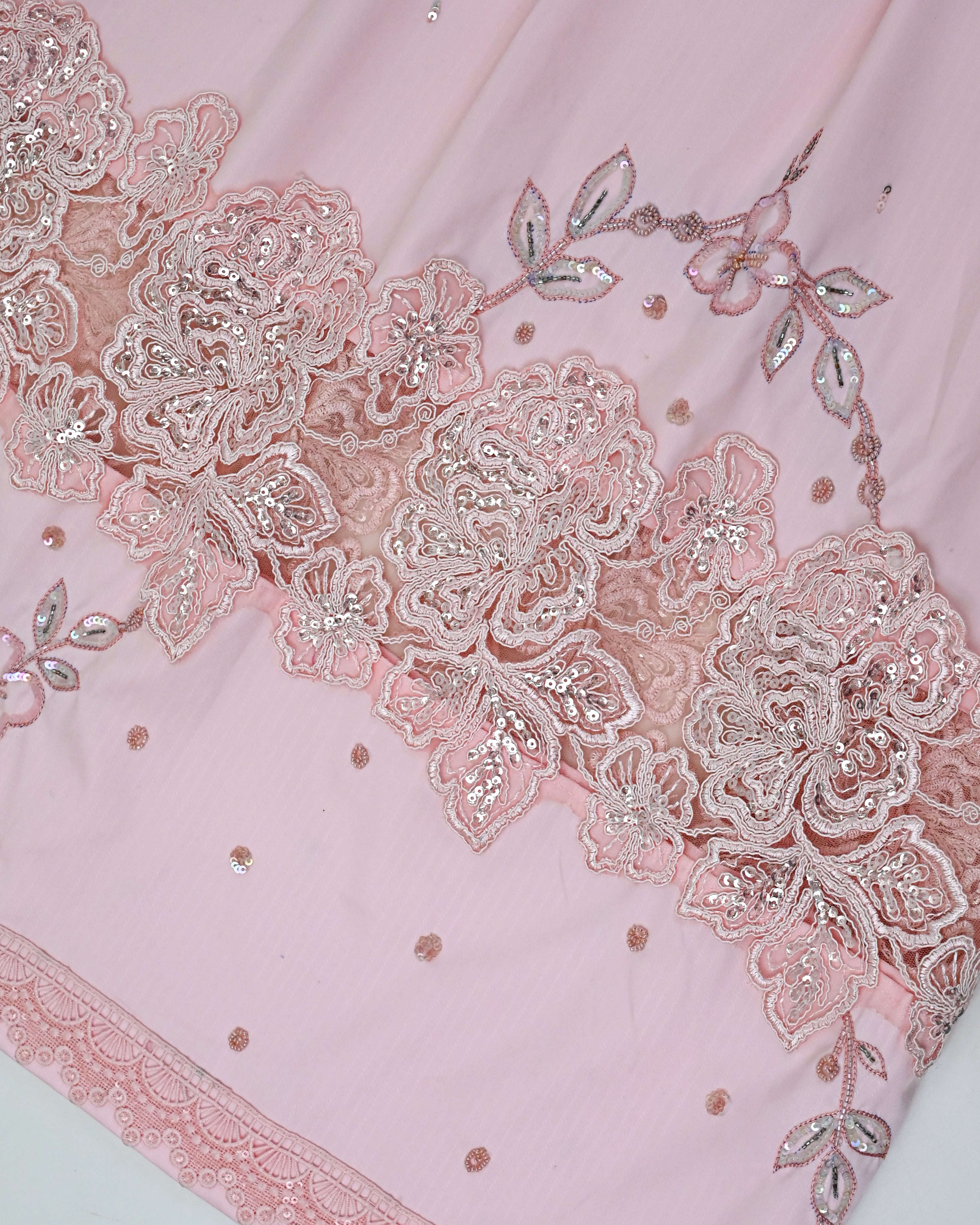 Baby PInk Rida With Heavy Floral Lace Panel & Aari Work Touch Up-4500/-