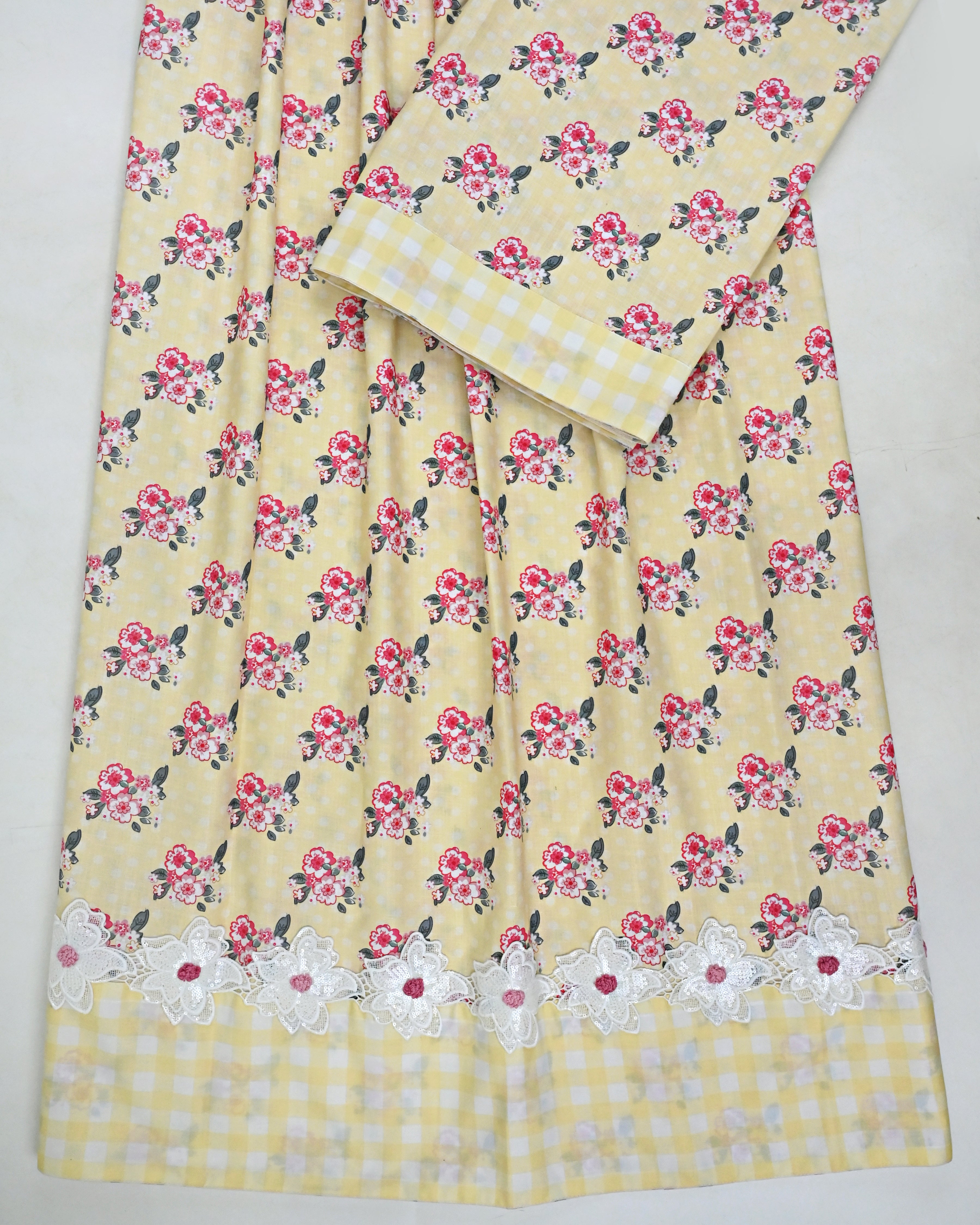 Lemon Yellow Floral Printed Rida With Smart Floral Lace & Smart Checks