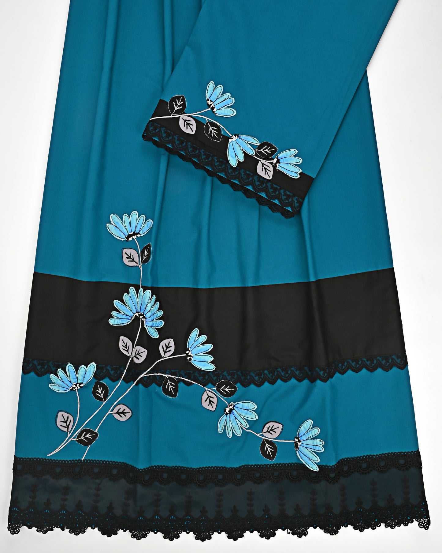 Dark Green Rida With Black Panel Lace & Floral Applique Work