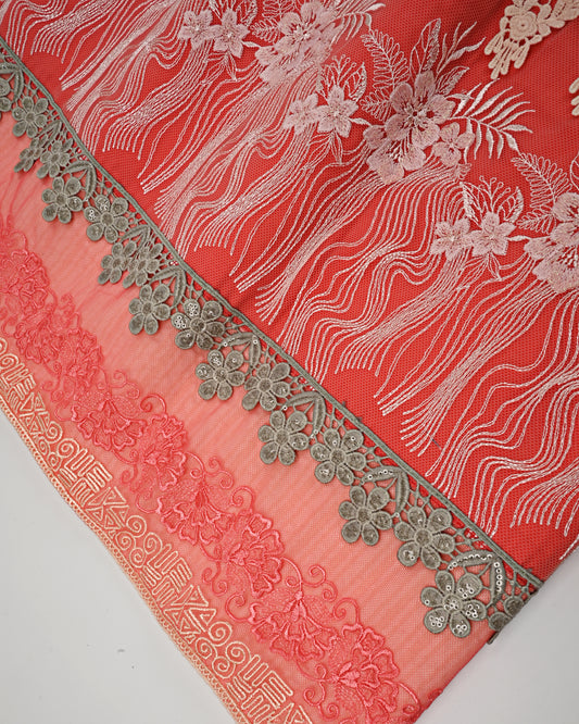 Light Peach Popcorn Rida With Smart Floral Lace & Panel