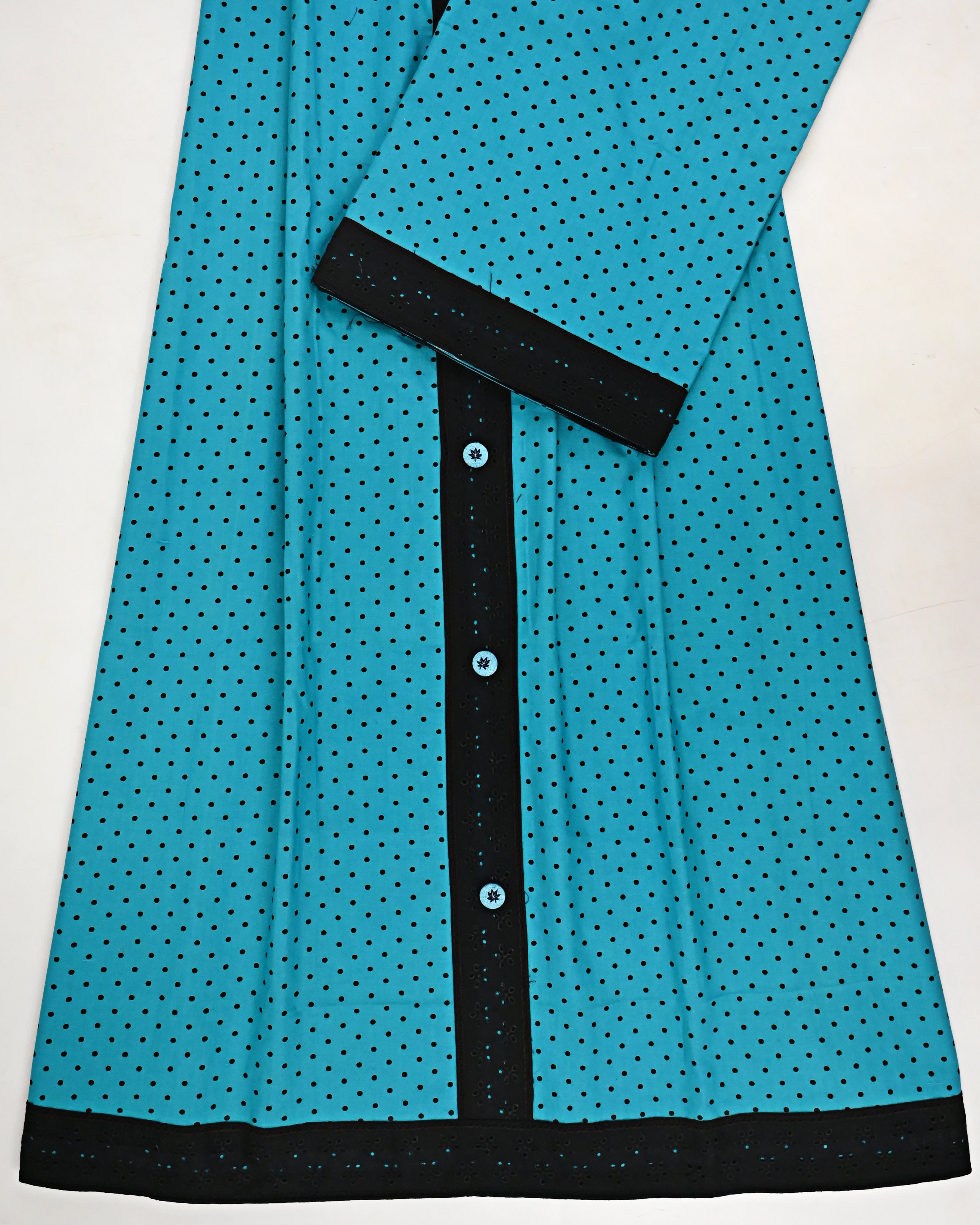 Turquoise Blue Black Polka Dots Rida With Smart Buttons Pattern & Black Lace-1500/-