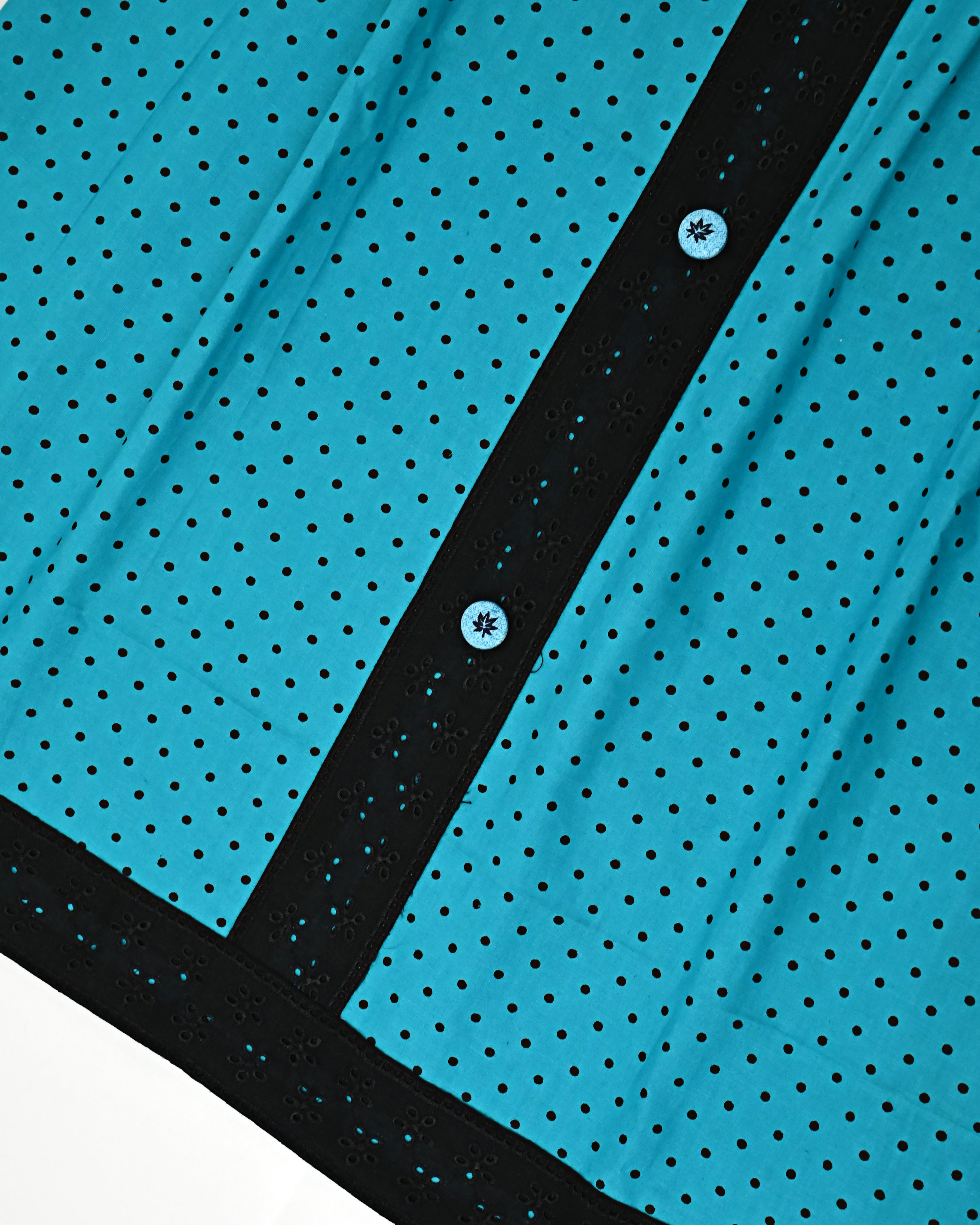 Turquoise Blue Black Polka Dots Rida With Smart Buttons Pattern & Black Lace-1500/-