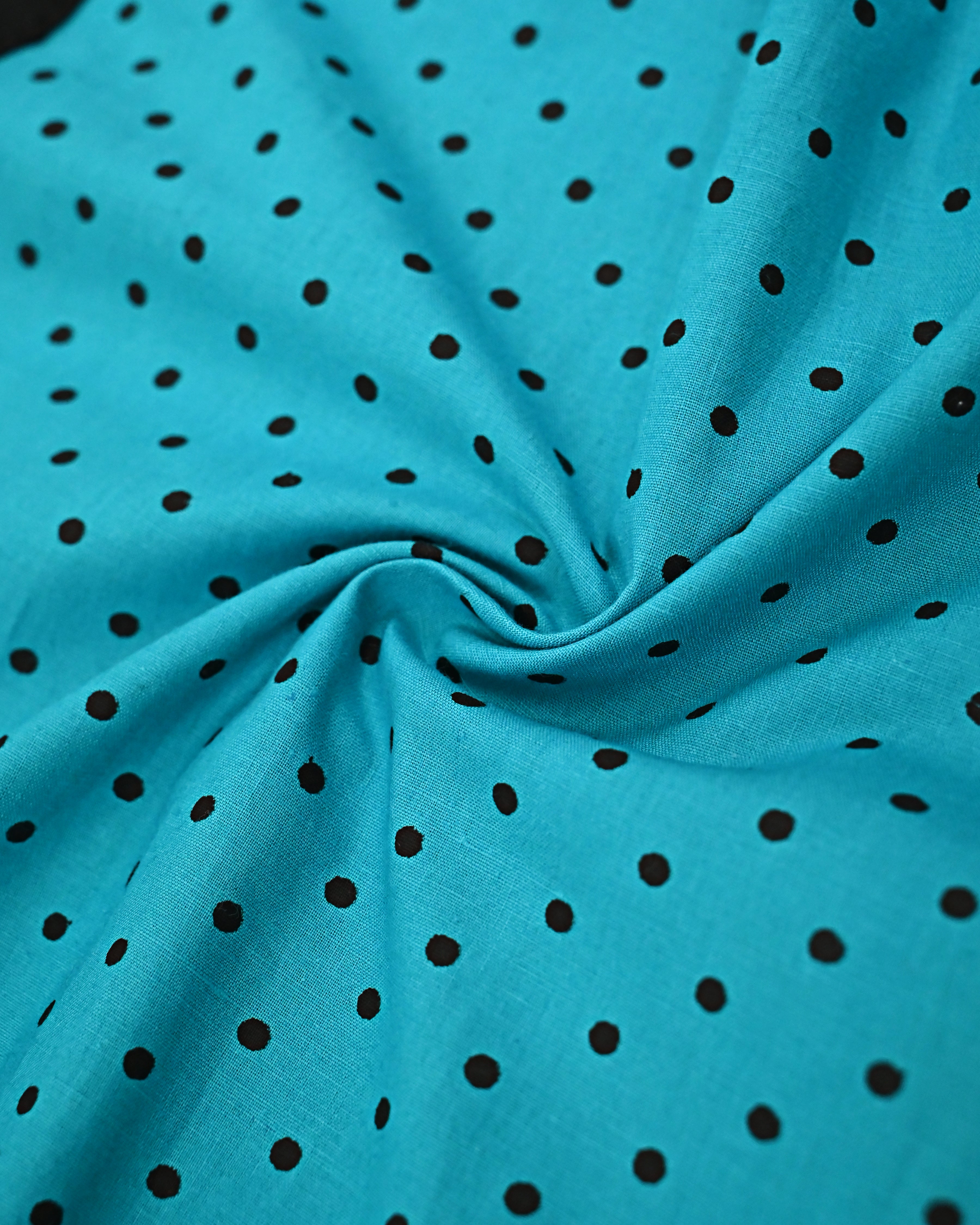 Turquoise Blue Black Polka Dots Rida With Smart Buttons Pattern & Black Lace-1500/-