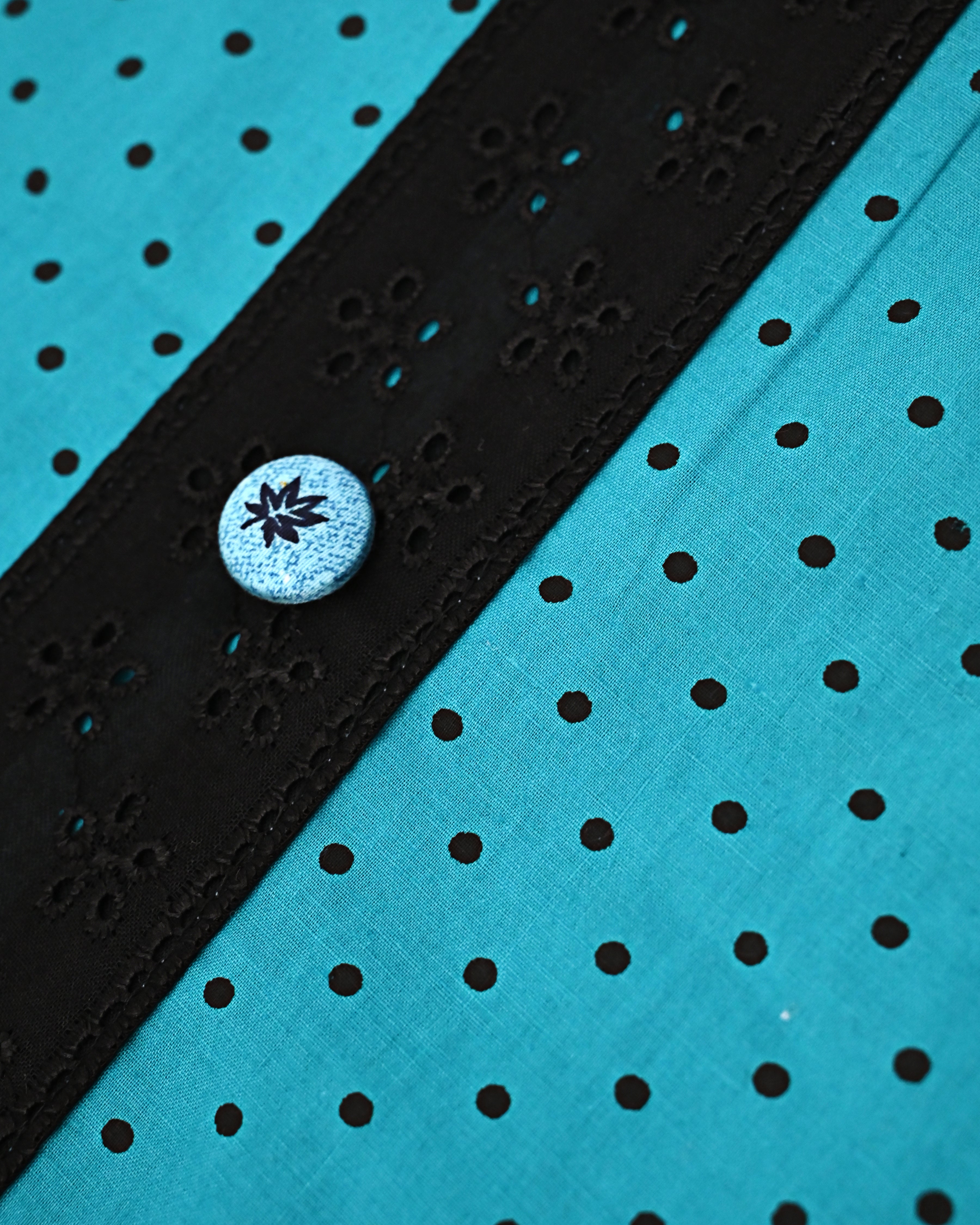 Turquoise Blue Black Polka Dots Rida With Smart Buttons Pattern & Black Lace-1500/-