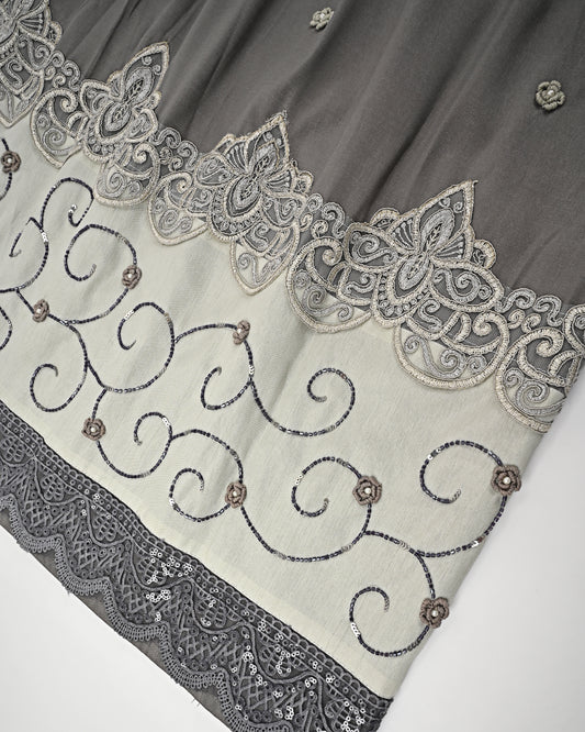 Dark Grey Rida With Heavy Lace & All Over Aari Work & Bullions