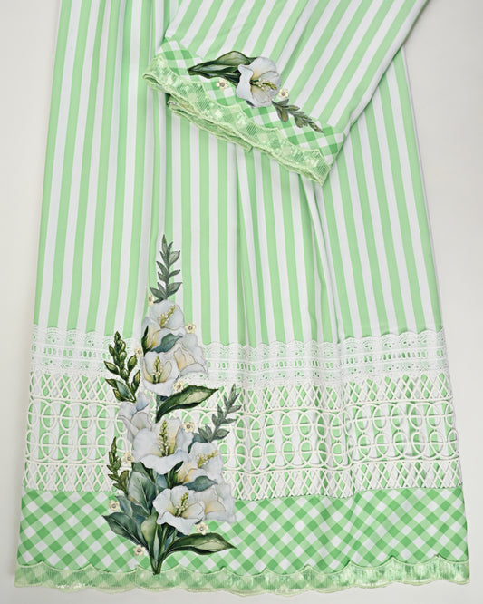 White & Green Stripes Rida With Smart Panel & Floral Work On Lace