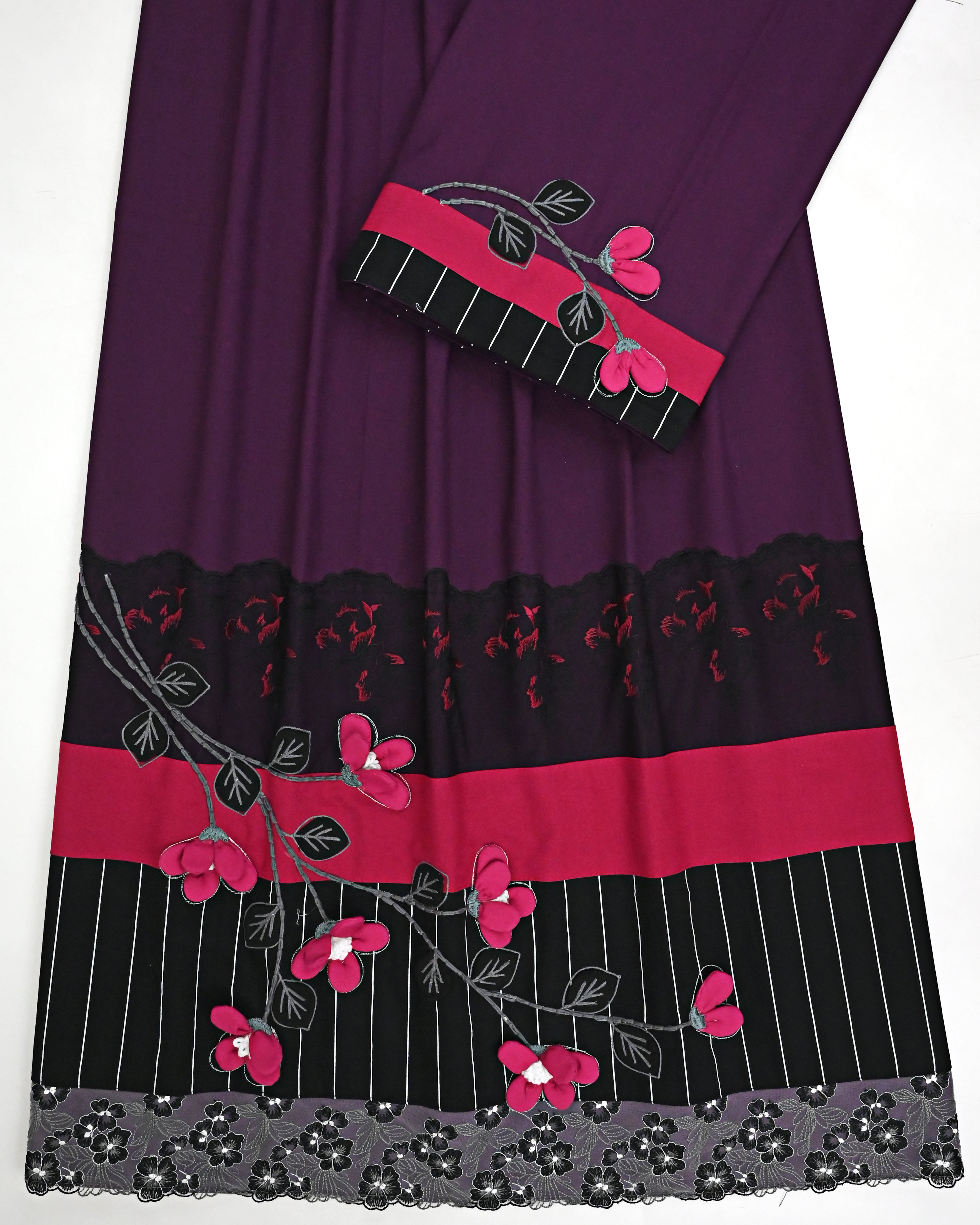 Deep Wine Rida With Smart Panel Floral Lace & 3D Floral Work