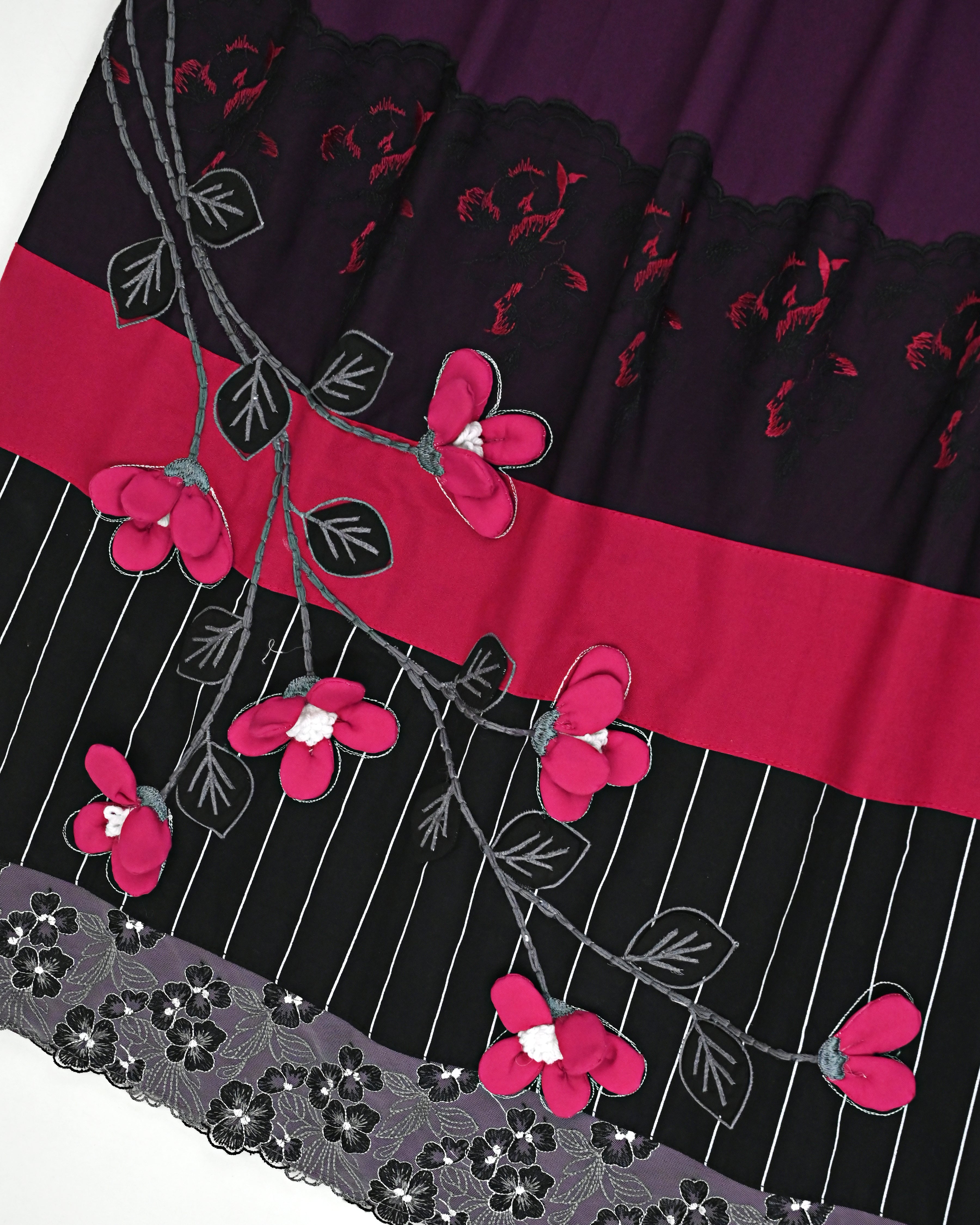Deep Wine Rida With Smart Panel Floral Lace & 3D Floral Work